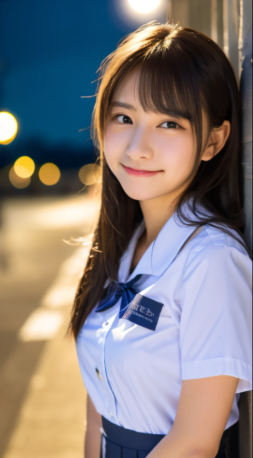 masutepiece, Best Quality, 8K, 20 years old, Teen, Raw photo, absurderes, award winning portrait, Smile, Solo, (Night:1.8), Idol face, Delicate girl, Upper body, Digital SLR, Looking at Viewer, Candid, Sophisticated,Thin arms, Professional Lighting, Film grain, chromatic abberation, (Eyes and faces with detailed:1.0), (Bokeh:1.1) , (Office Lady Uniform:1.1) , closes mouth , A dark-haired , drooing eyes , large full breasts , (Thick lip:1.2) , -yeld fa