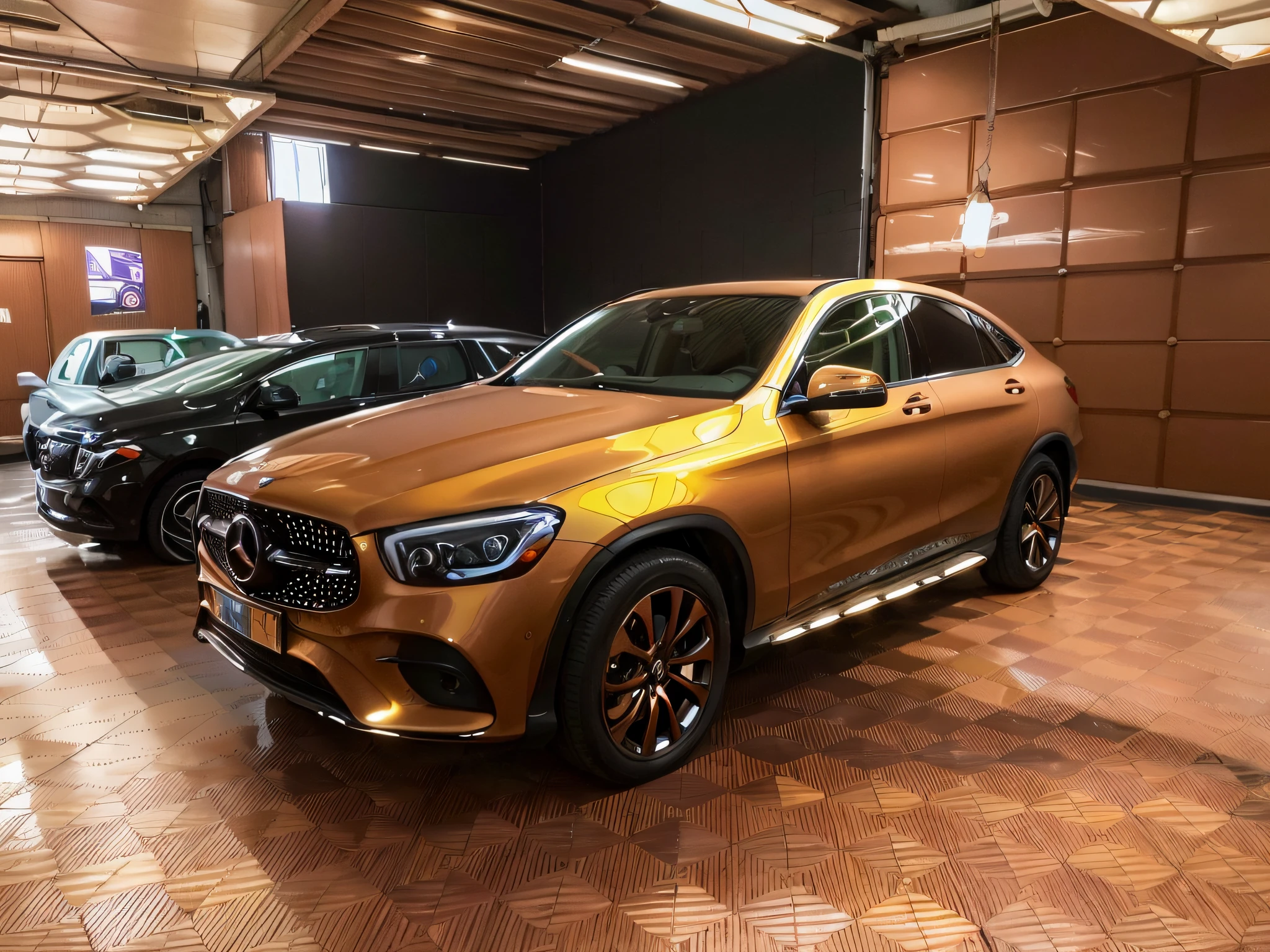 View of a glossy brown Mercedes SUV, parked in the garage, 70% mother of pearl detail, glossy brown, Mercedes, Mercedes Benz, Shot on iPhone 14 Pro, Shot on iPhone 1 3 Pro, full face, Shot on iPhone 1 3 Pro, full unit, s face, 🤬 🤮 🤮 🤮 🤮 💕 🎀, Front profile