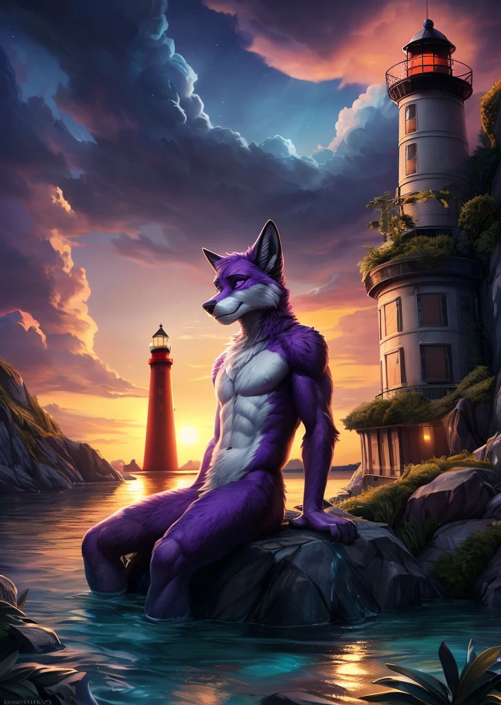 uploaded on e621, [(by Homogenousrule, by Wildering, by Foxovh, by Catcouch)::0.85],
solo, 1male, three-quarter portrait) 
(sitting at island with plant and water on dusk night, cloud, glowing light, building, lighthouse),
BREAK,
(detailed background, depth of field, half body shadow, sunlight, ambient light on the body),
(intricate:0.7), (high detail:1.3), (unreal engine:1.3), (sharp focus:1.15),
[explicit content, questionable content], (masterpiece, best quality, 4k, 2k, shaded, absurd res), White Fur, Purple Fur accents, Purple Eyes, 1male, male, man