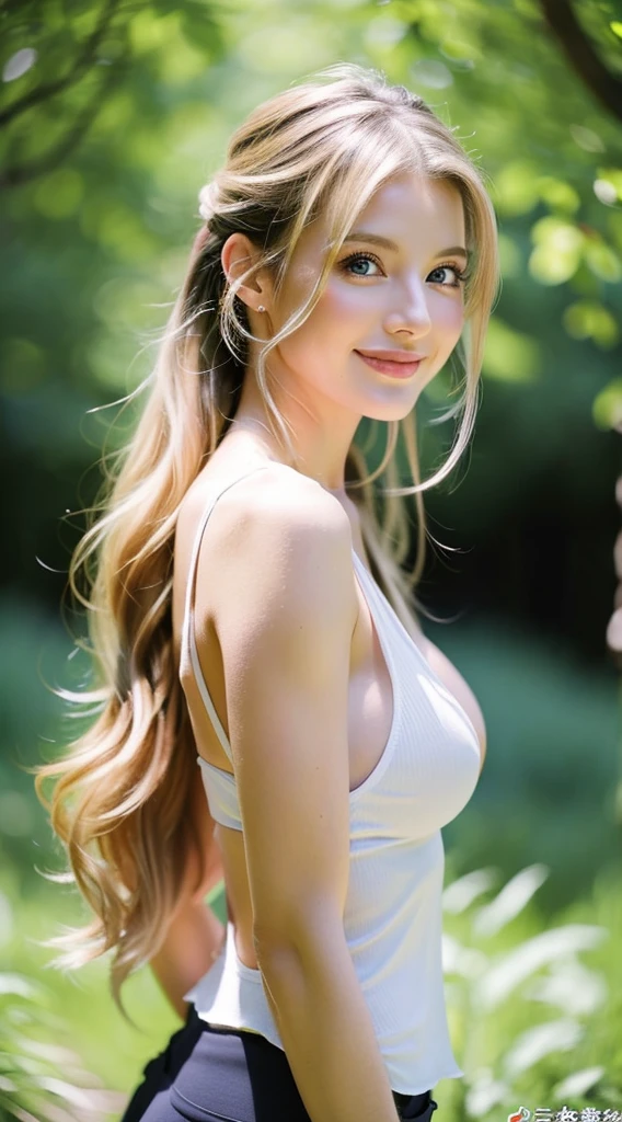 American white woman with unparalleled looks、dark blonde、poneyTail、Hair is wavy、The ends of the hair are curled、blue eyess 、A slender、Out of focus background of open meadow in the forest、The sun filtering through the trees is beautiful、a smile、Looking at the camera、Slender but well-proportioned body with large breasts、Posing like a model、Raking up hair、There must be space above the head、Breast bare、Very high definition