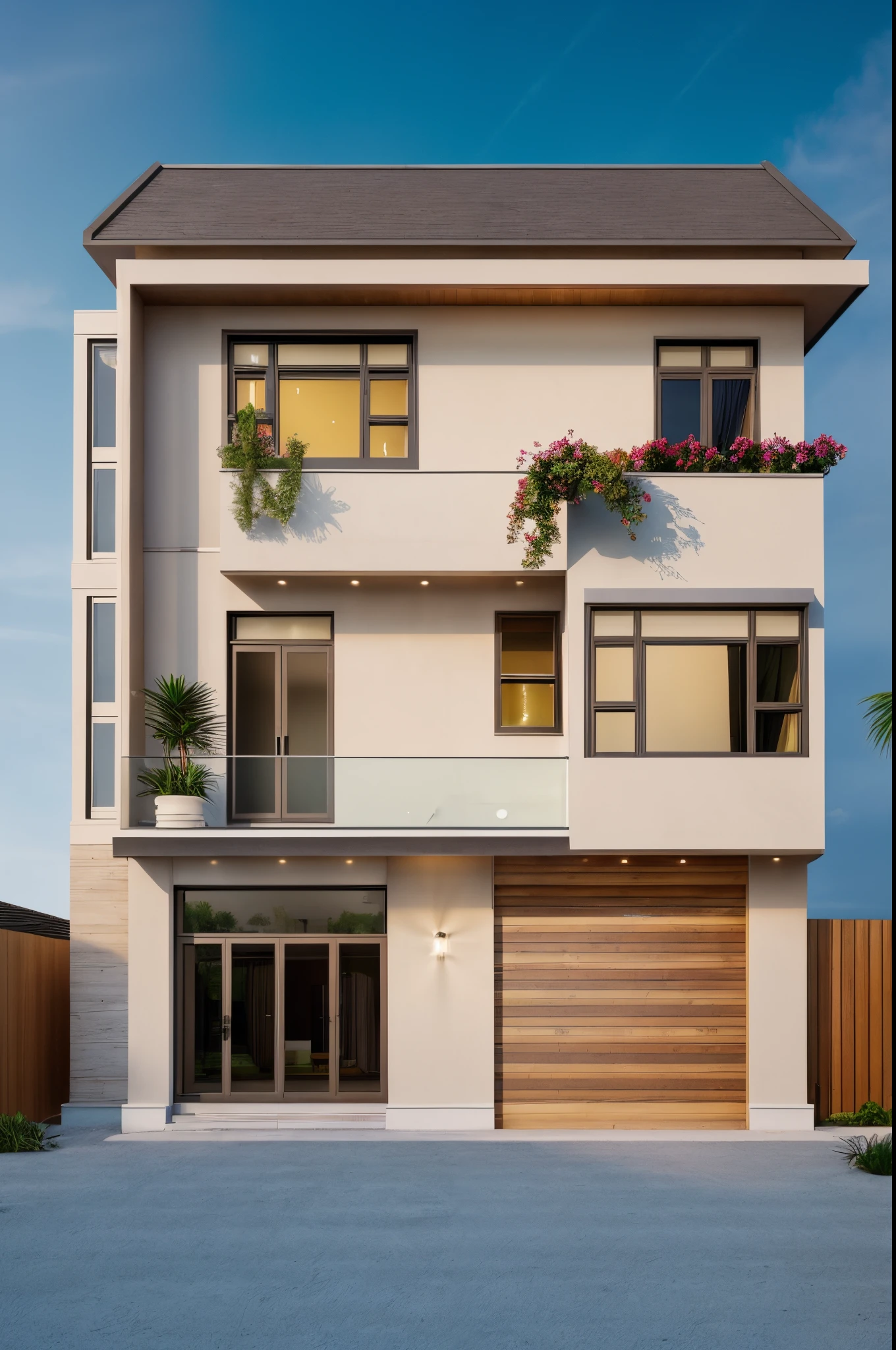Ultra-realistic 8k, hd image quality, sharp detail, 2-story modern house, main materials: white walls, wooden ceiling accents, large glass windows, roads, cars, sidewalks, American Palm trees high, has a small alley, located in a residential area, modern style, shimmering sky, sunset light, feels peaceful, beautiful, close and warm, ((Warm light from indoor:1.3)), (daylight:1.2), perfect lighting,dynamic light,2 large glass doors,(((1 large glass window:1.3))), (night light), (colorful flowers in front of the house)
