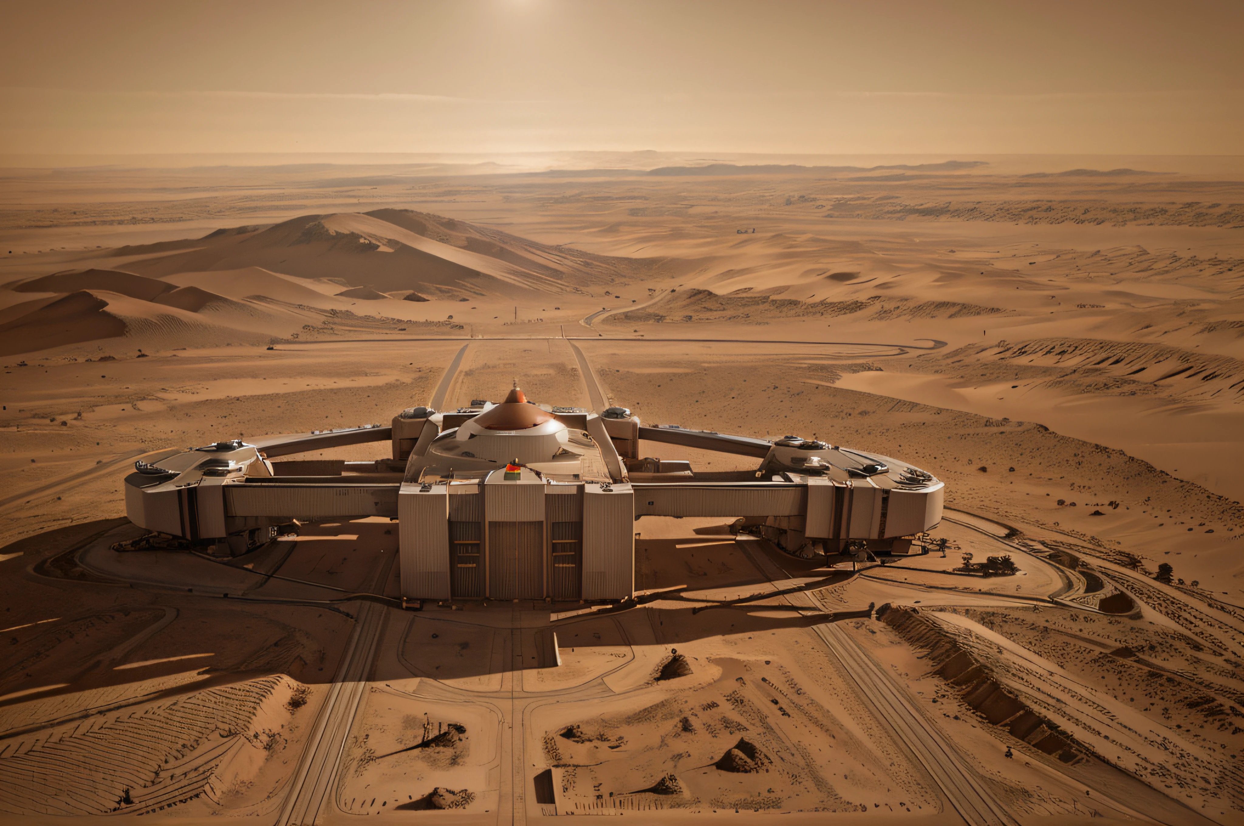 Looking down on Mars,Many industrial robot arms are building streamlined scientific research buildings and roads,Bridges,High-tech aircraft flying in the sky,Mars daytime,Robotic arm details,basic architectural details,super wide shot,High realism,lightand shade contrast,