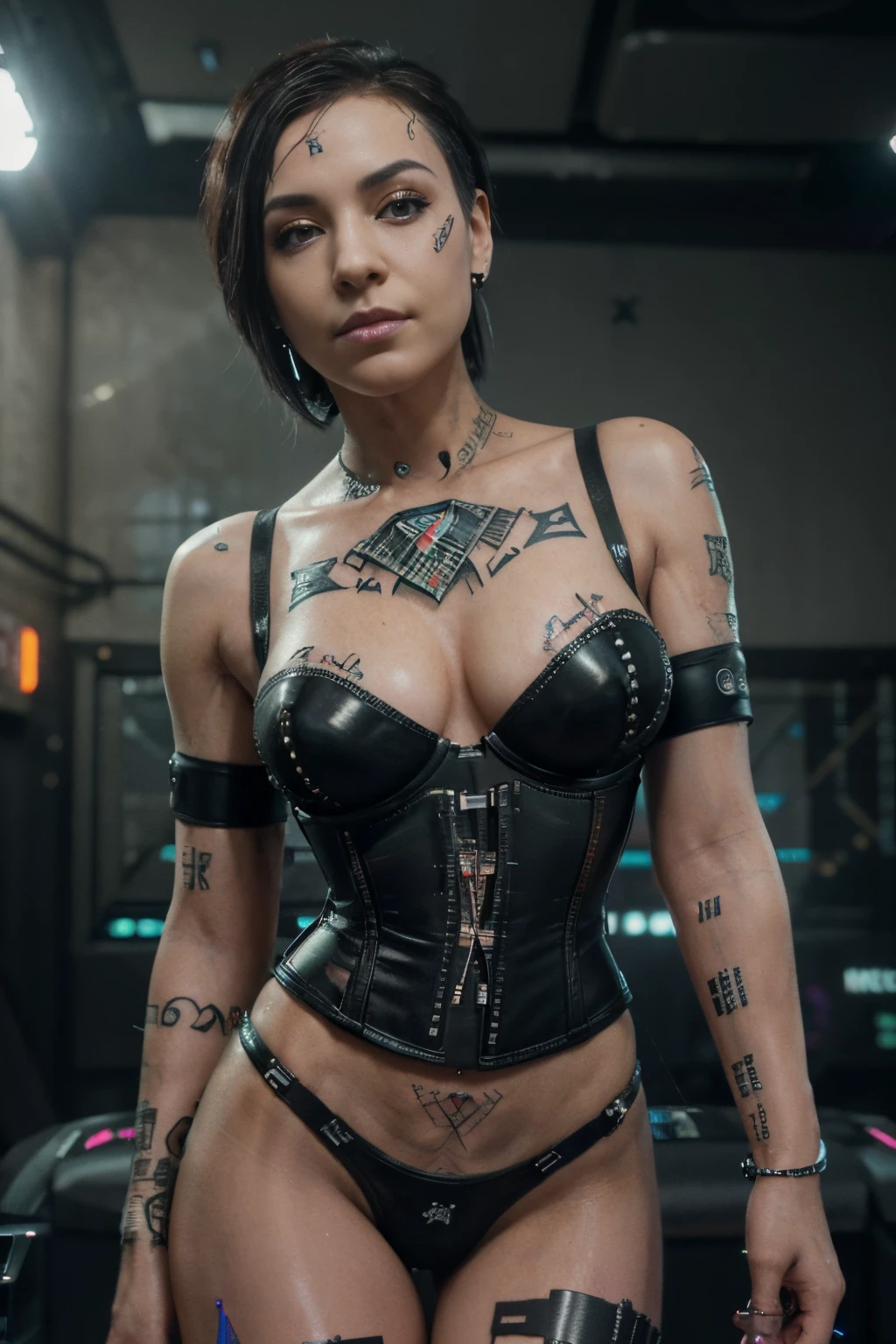 ((Best quality)), ((masterpiece)), (highly detailed:1.3), (cyberpunk:1.3), photorealistic, beautiful female dancer with short hair giving a private show to a client, white skin, future cabaret, ((black latex corset and bra)), rubber lace, bobcut haircut, neon redlight, mist, private room, magenta and blue color scheme, LCD screens, fiber optic cables, HDR (High Dynamic Range),Ray Tracing,NVIDIA RTX,Super-Resolution,Unreal 5,Subsurface scattering,PBR Texturing,Post-processing,Anisotropic Filtering,Depth-of-field,Maximum clarity and sharpness,Multi-layered textures,Albedo and Specular maps,Surface shading,Accurate simulation of light-material interaction,Perfect proportions,Octane Render,Low ISO,Rule of thirds,Wide aperture,8K RAW,Efficient Sub-Pixel,sub-pixel convolution, (looking at camera),(perfect eyes),(sexy pose:1.2),((tattoos and piercings:1.2)),((microchips implants:1.5)) , (detailed nipple)