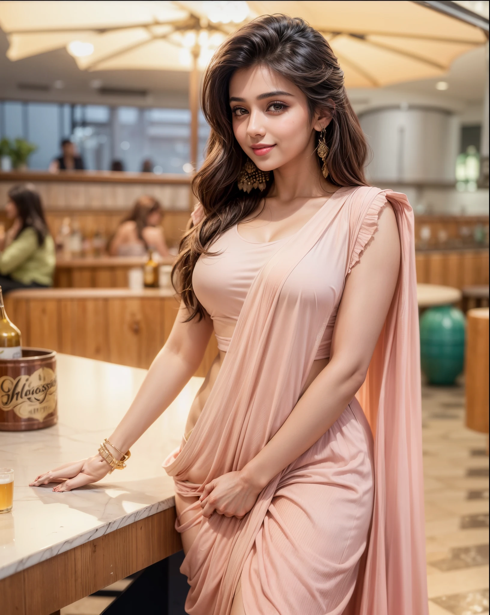 ((Masterpiece)), (8k), ((Realistic)), best quality, RAW,   Pakistani girl,  thick figure, skinny waist and thick hips, long straight hair,fair skin, seductive pose, cute smile, wearing glamorous top , night life, Pub, bar, holding beer bottle,