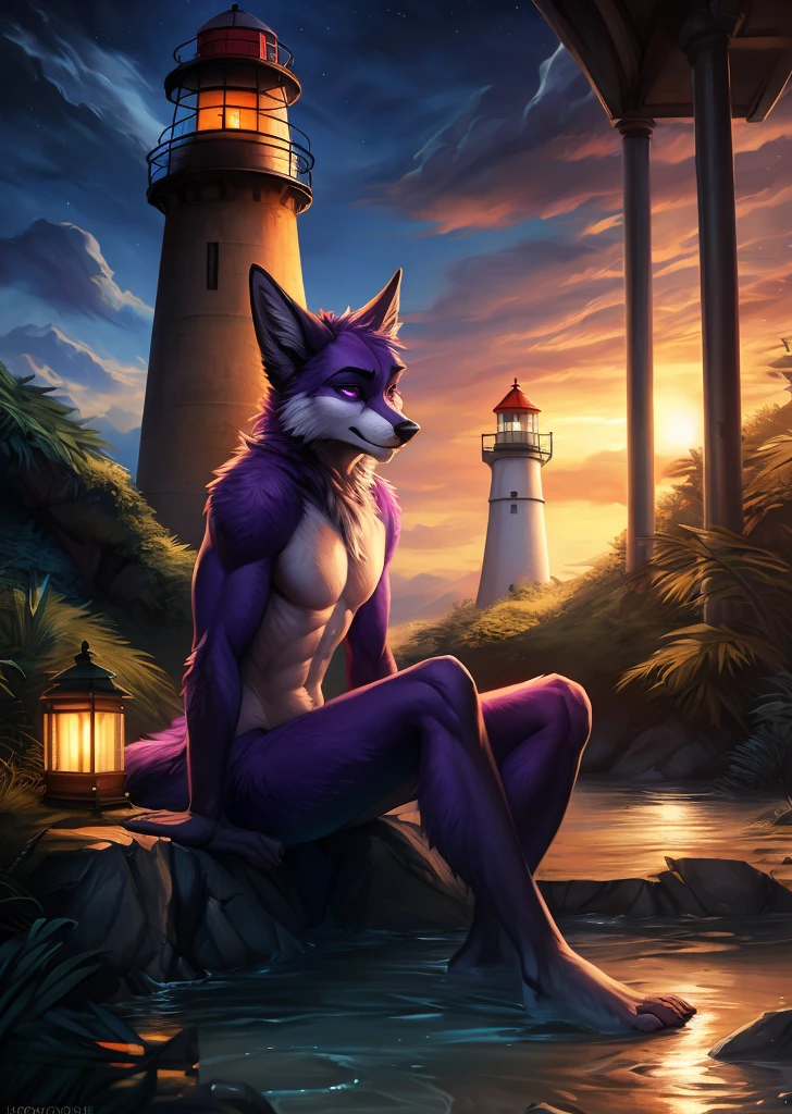 uploaded on e621, [(by Homogenousrule, by Wildering, by Foxovh, by Catcouch)::0.85],
solo, 1male, three-quarter portrait) 
(sitting at island with plant and water on dusk night, cloud, glowing light, building, lighthouse),
BREAK,
(detailed background, depth of field, half body shadow, sunlight, ambient light on the body),
(intricate:0.7), (high detail:1.3), (unreal engine:1.3), (sharp focus:1.15),
[explicit content, questionable content], (masterpiece, best quality, 4k, 2k, shaded, absurd res), White Fur, Purple Fur accents, Purple Eyes, 1male, male, man, penis