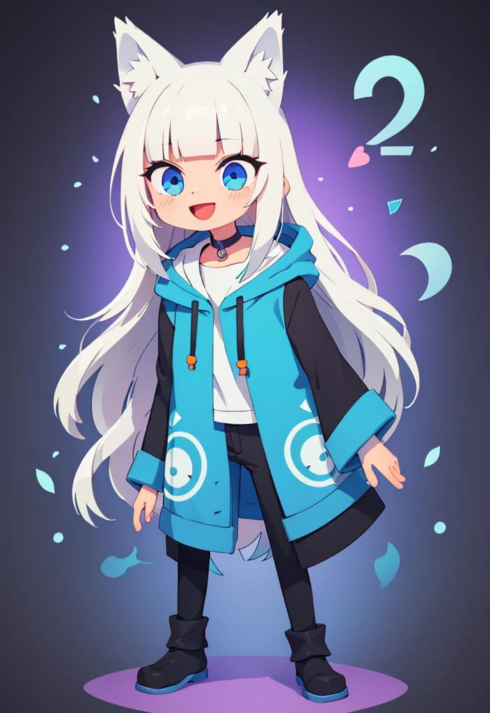 best quality, masterpiece, highly detailed, kawaii,
BREAK (short boy:1.3), 1boy, solo, ( long hair, straight hair, white hair, blunt bangs, azure eyes:1.3), (wolf ears), choker, blush, (realistic:0.8),
(oversized clothes, puffy sleeves, black hoodie, black boots, black pants), happy, :D,
BREAK cute aesthetic illustration, stylized digital art, colorful paint style,