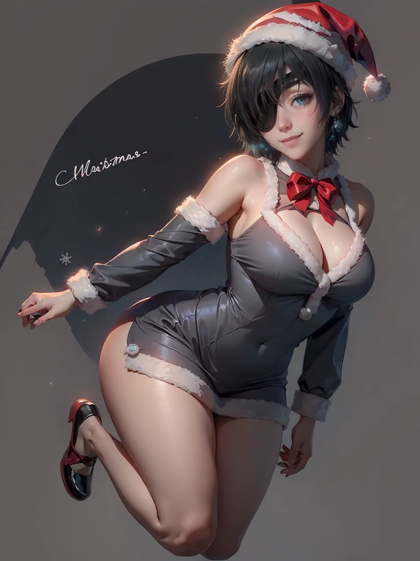 (master piece: 1.1), (himeno \(chainsaw man\)), wearing eyepatch, detailed face, full body, detailed curvy, (detailed turquoise-colored eyes), black hair, short hair, red dress christmas, shy, anime character, (christmas costume), christmas cloth, (smiling), (wearing santa hat), ((simple gray background))