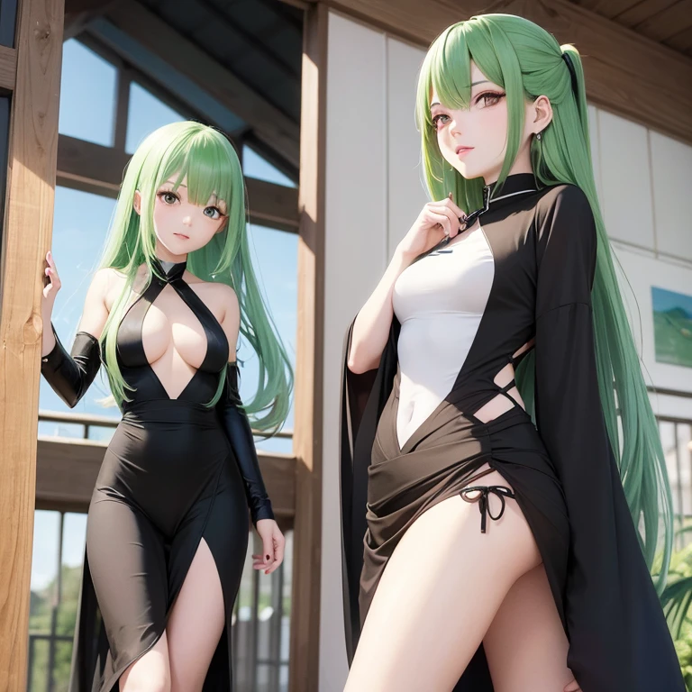 （（masutepiece、An ultra-high picture quality、ultra-quality、8K、clear details、face perfect、Phenomenally cute face、perfect and slender body、realphoto、））20yr old、A cute girl with green hair that stretches down to her back, Standing around 150cm tall.、Green hair、Hair fluttering in the wind、Clothes: black chinese clothes、The crotch visible from the black Chinese dress fluttering in the wind、Has a sullen look, but she looks shy.、（A photo looking up from below with a full body composition、My underwear is showing through my clothes due to the wind.）