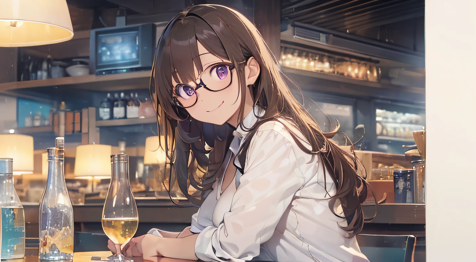 masterpiece、top-quality、(brown colored long hair、I have bangs:1.1)、25 year old woman with purple eyes、wears glasses、wearing a white shirt without a collar、sitting on、(flat breast:1.1)、(Smiling expression:1.3)、(Staring:1.5)、(Close-up of the subject's face:1.3)、having a dinner、Place the camera above the subject、The background is a luxury restaurant at night.、Bold composition、Upper body is shown、Alone、