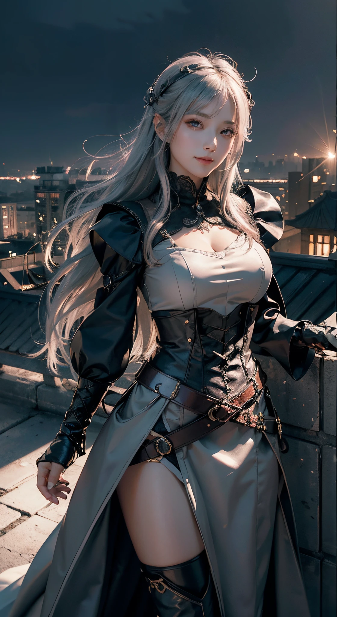 masterpiece, ccurate, high quality, super detail, best quality, 8k, An illustration for light novels with fine lines and medium saturation. A refined Kaihime-like woman stands on a rooftop looking at the dawn sky, (smiling faintly). She wears a gothic-style dress in charcoal with pale pink and silver accents, charcoal stockings, leather boots, and long silver gloves with charcoal fingertips., cinematic lighting, chiaroscuro, masterpiece, ccurate, high quality, super detail, best quality, natural female nose