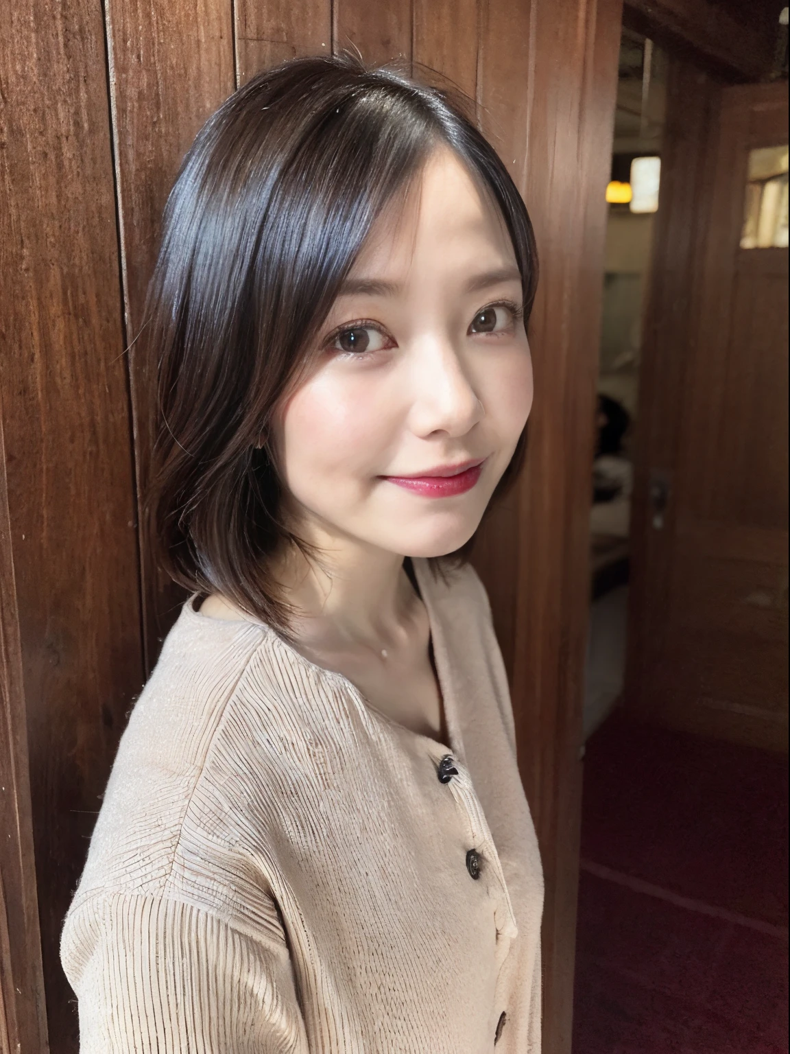 japanese mature, (Solo), 40 years old, (Wrinkles at the corners of the eyes:1.2)、Autumn clothes、((I'm not looking at the camera))、((woman looking sideways))、(top-quality,​masterpiece:1.3,超A high resolution,),(ultra-detailliert,Caustics),(Photorealsitic:1.4,RAW shooting,)Ultra-realistic capture,A highly detailed,high-definition16Kfor human skin、 Skin texture is natural、The skin looks healthy with an even tone、 Use natural light and color,One Woman,japanes、A dark-haired,Middle hair,(depth of fields、chromatic abberation、、Wide range of lighting、Natural Shading、)、(Taken in front of a wooden door and white wall)、Random Poses、Other shots、Medium hair