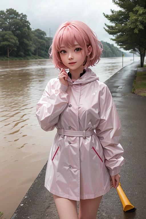 rikka, A pink-haired,Red Eyes, Cute eyes,Round eyes,Height 165cm,18year old,Bust Chart 30D:1,Realistic,bob cuts,Round face,Cute face,light from the cloudy sky,Heavy rain, Various raincoats, pouring rain, raincoat is wet, cloudy sky, smiling face, water level is high and the river is about to flood,Heavy rain,Wet hair,The wind is about to blow it away