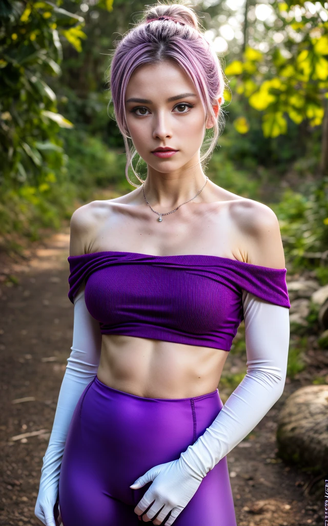 (8K, Masterpiece, RAW photo, Best quality, detail:1.3), (ultra realistic:1.4, scenary, 8K), Depth of field, Cinematic light, (ultra realistic face), (1 ultra skinny girl:1.6), (Beautiful and elegant girl), (tight purple leggings:1.4), (girl with glasses), (latina face:1.5), (natural abs), (full body:1.5), (off-shoulder tight minitop:1.4), (small necklace, collarbone:1.1), (ultra detailed skin:1.3), (tight small gloves:1.2), (complete standing pose:1.2), (ultra realistic skin:1.4)