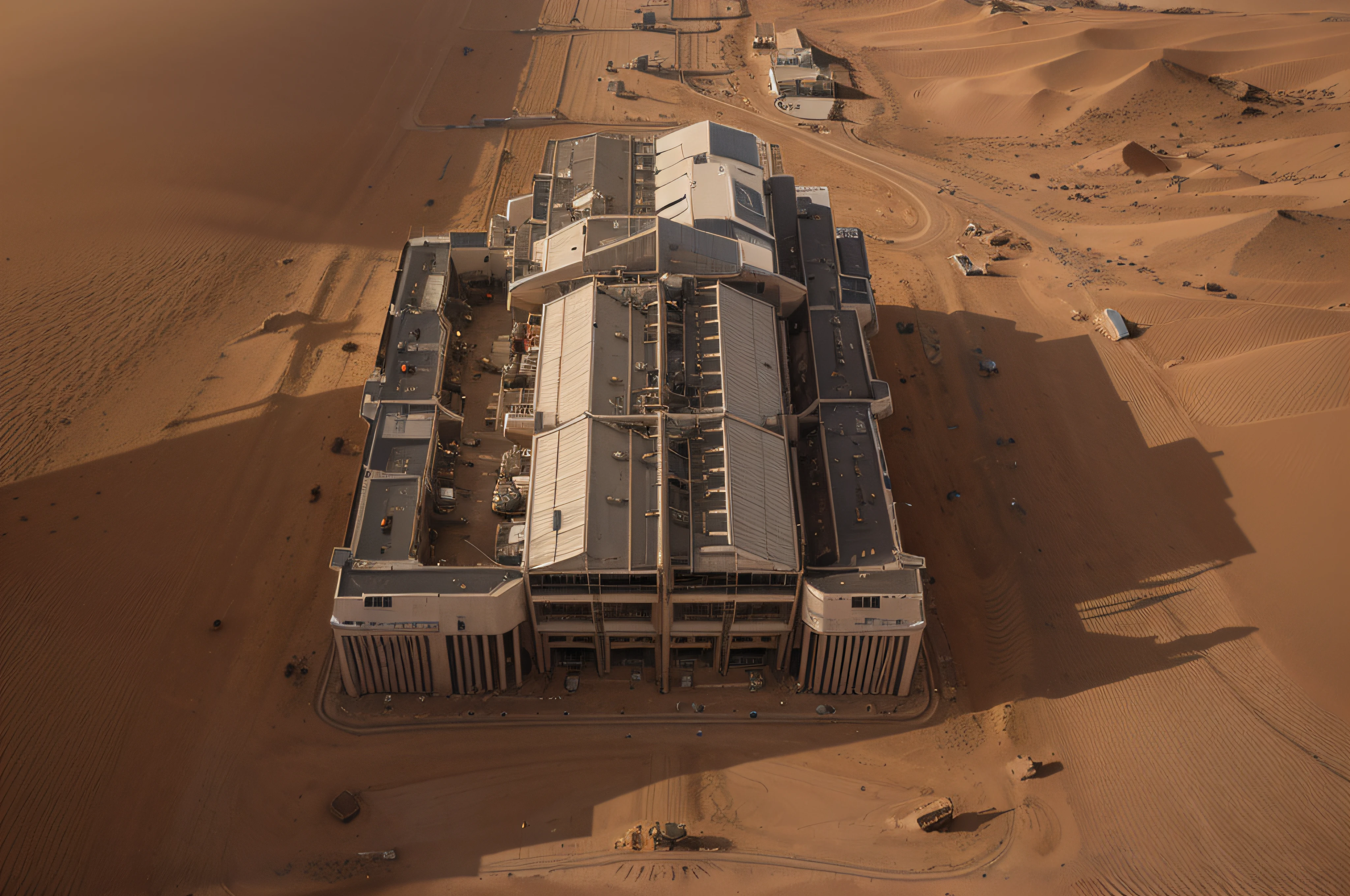 Looking down on Mars,Many industrial robot arms are building streamlined scientific research buildings and roads,Bridges,High-tech aircraft flying in the sky,Mars daytime,Robotic arm details,basic architectural details,super wide shot,High realism,lightand shade contrast,