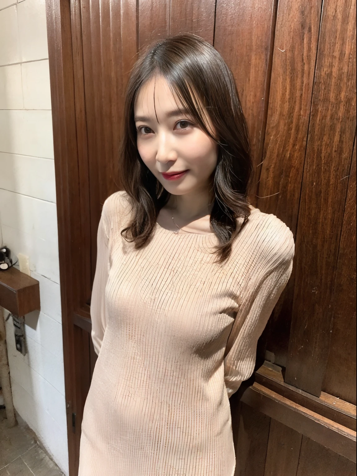 japanese mature, (Solo), 40 years old, (Wrinkles at the corners of the eyes:1.2)、Autumn clothes、((I'm not looking at the camera))、((woman looking sideways))、(top-quality,​masterpiece:1.3,超A high resolution,),(ultra-detailliert,Caustics),(Photorealsitic:1.4,RAW shooting,)Ultra-realistic capture,A highly detailed,high-definition16Kfor human skin、 Skin texture is natural、The skin looks healthy with an even tone、 Use natural light and color,One Woman,japanes、A dark-haired,Middle hair,(depth of fields、chromatic abberation、、Wide range of lighting、Natural Shading、)、(Taken in front of a wooden door and white wall)、Random Poses、Other shots、Medium hair