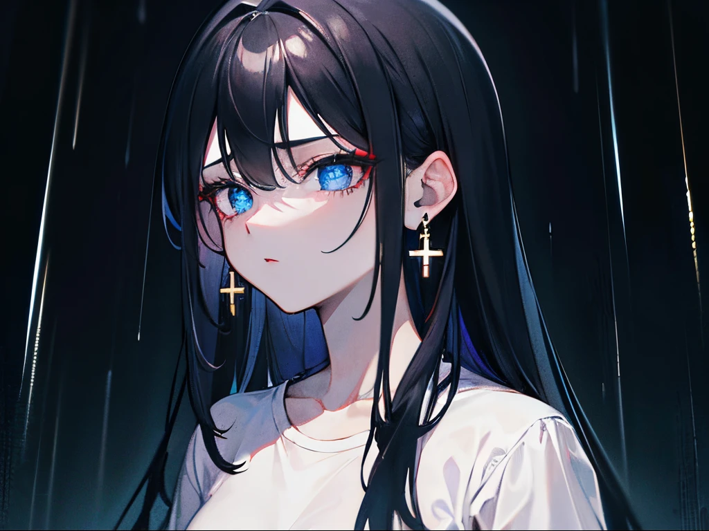 highres, masterpiece, black long hair, blue eyes, glowy eyes, 4k, red lips, sad expression, absurdres, dark room, plain white shirt, black crucifix earrings, ultrasharp, rain