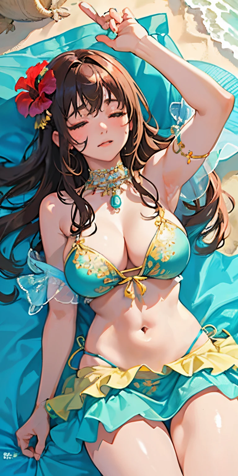 16 year old girl with a realistic smile、(((Super close-up shot highlighting her cleavage while sleeping on the beach.)))、Slightly thicker emphasis on the thighs、She is wearing a micro bikini with a floral pattern on her chest..................、Emphasis on cleavage、sexy brown skin tone、Tahitian dancer、dance tahitian dance、pareo(wear a skirt around the waist)、seashell necklace around neck、hibiscus ornament in hair、Sexy Posing、Tropical Beach