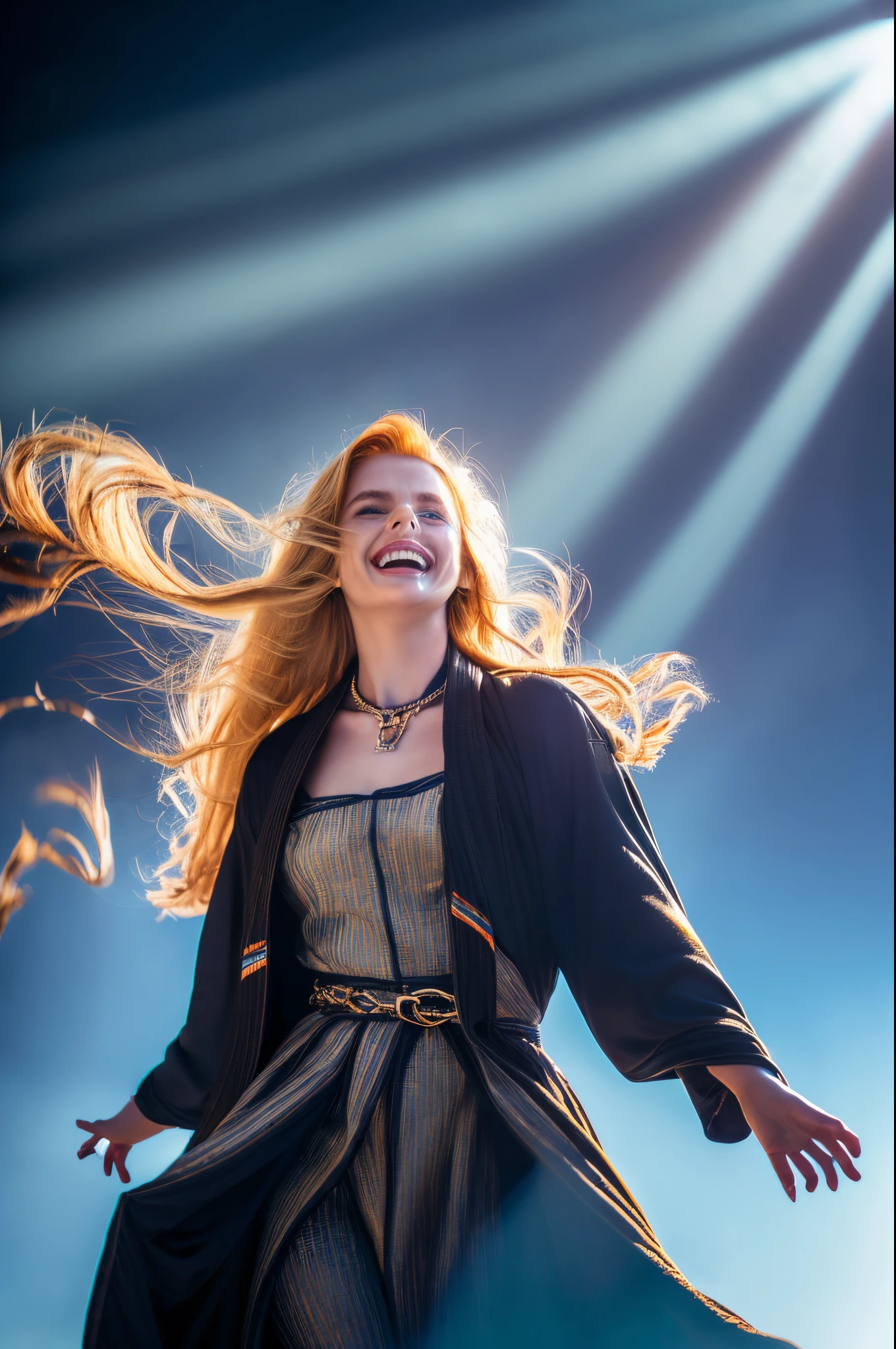 Young goddess, (Her clothes are all flipping up by extremely strong wind:1.4), (wearing robe, tiara, necklace, (blonde | auburn) hair, blue eyes), (background random great nature), (laughing, big smiling), ((dramatic lighting:1.6), surrealism, god rays), ((masterpiece, 8K highest resolution)), wide view, { (seen from back:0.6), (reveal pelvis:0.6) }
