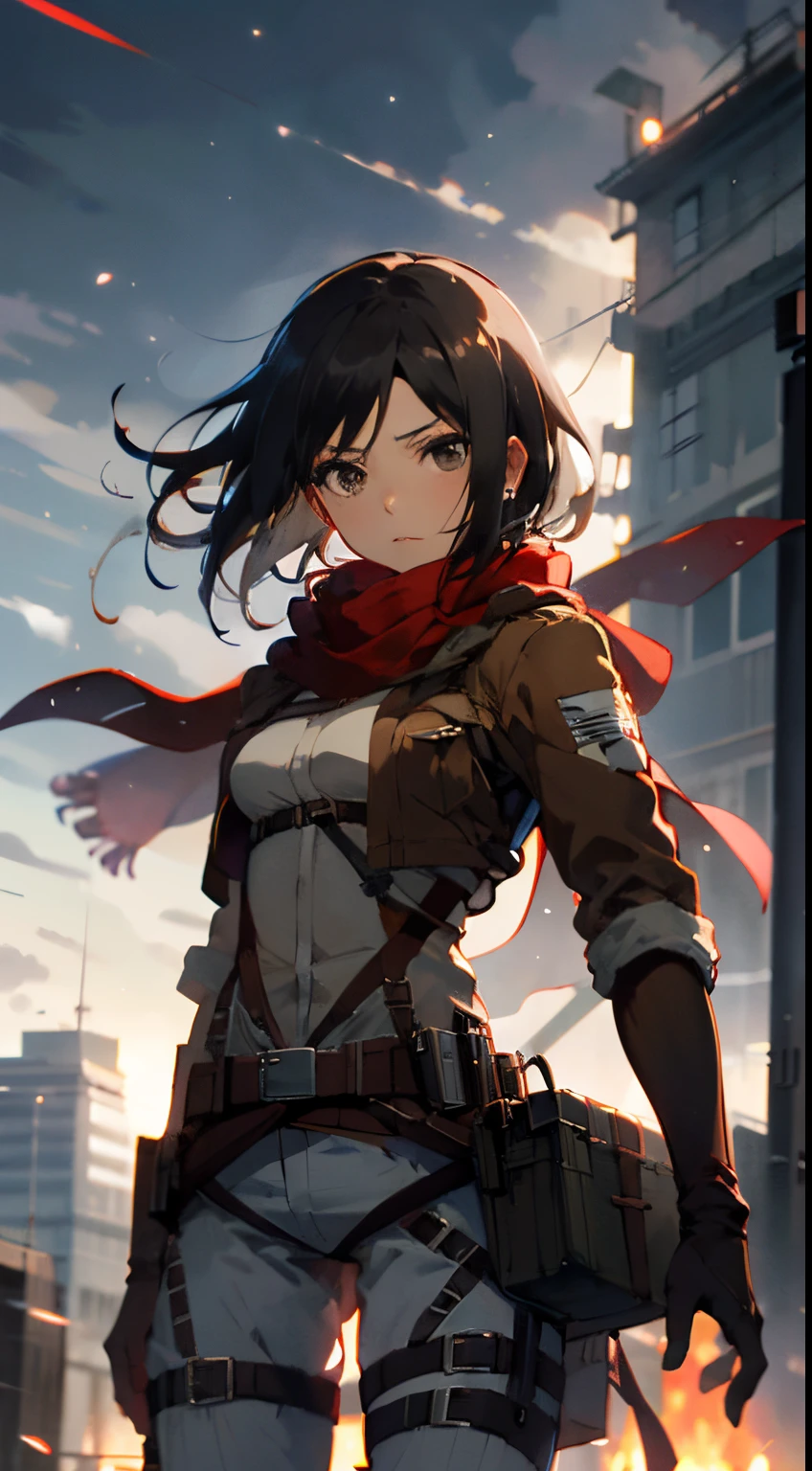 masterpiece, top-quality, hight resolution, hmmikasa, shorth hair, black eyes, scarf, a belt, thigh strap, red scarf, White pants, white shirt, is standing, cowboy shot,Three-dimensional maneuvering device,Attack on Titan,