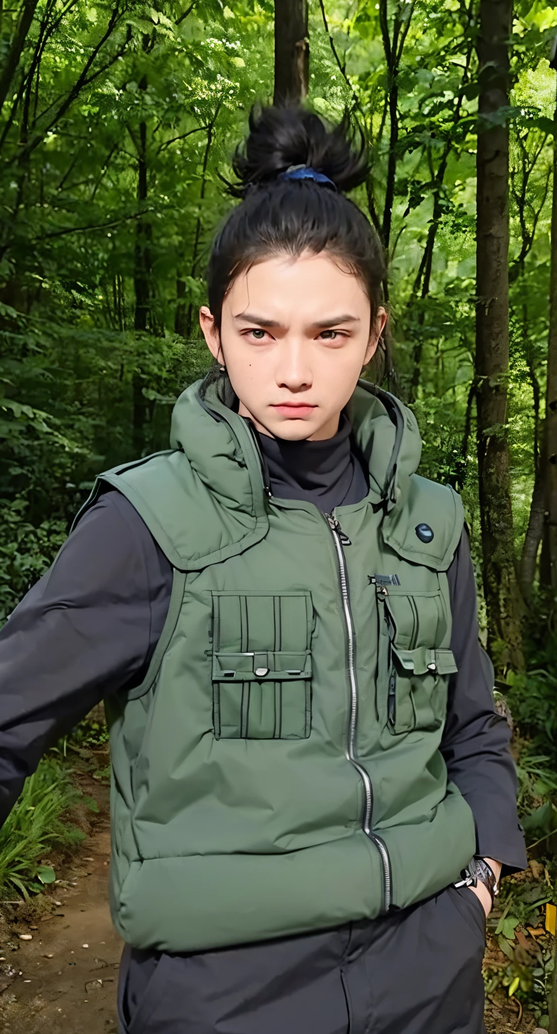 Real life adaption of this character , man, villain expression,realistic same hair ,(realistic same outfit wear green thick vest with many pocket), realistic background , realistic light, realistic shadow, realism, hyper realistic,(photorealistic:1.2), normal small eyes
