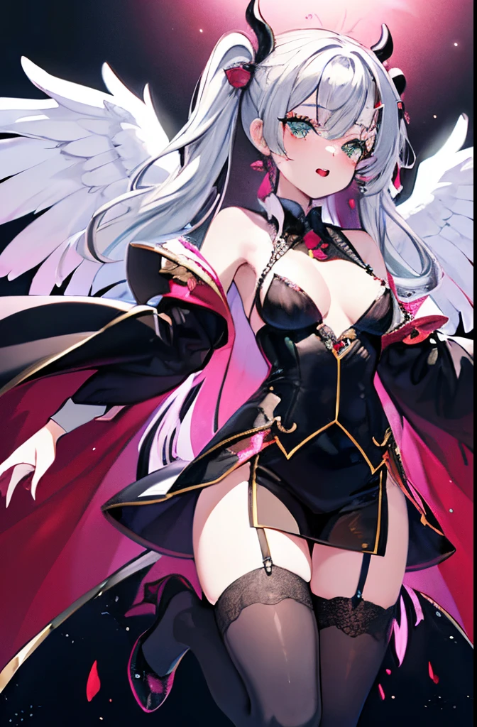 masutepiece, Best Quality, High resolution, City Background, nffsw, silber hair, cartoon bright shining dress, kawacy, 年轻, (Fantasy 1.5) Twin tail hair, 4K, rainbow, Kodak, Stockings, Nylons, Brilliant,  absurderes，Running, Wide range, magical  girl, lingerie, Strong emotions, In love, Singing, Diabolical, devil, Angel, divine, make up, Lipstick Eyeshadow Thick Eyelashes, Overproportions,  Characteristics of the monster,  Alien features, summer time, hitornfreckles, Normal, Bimbo,  nffsw，A detailed face，intelligent proportions，film writing，Its mouth is open and its double teeth are visible..（（Mint green eyes）），Detailed eyes