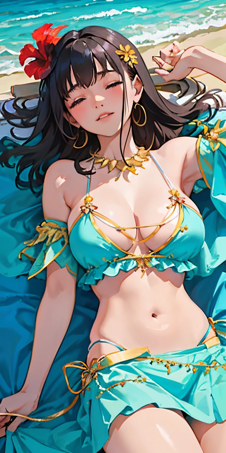 girl with a realistic smile、(((Super close-up shot highlighting her cleavage as she sleeps sideways on the beach.)))、Slightly thicker emphasis on the thighs、She is wearing a micro bikini with a floral pattern on her chest...................、Emphasis on cleavage、sexy brown skin tone、Tahitian dancer、dance tahitian dance、pareo(wear a skirt around the waist)、seashell necklace around neck、hibiscus ornament in hair、Sexy Posing、Tropical Beach