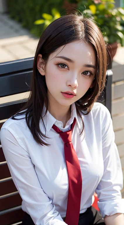 (masterpiece, best quality:1.2), 8k, 18yo, 85mm, official art, raw photo, absurdres, naked, pretty face, close up, upper body, violaceaess, gardeniass, beautiful woman, Gwen Stacy, cinch waist, thighs, sitting on bench seat, looking at viewer, no makeup, (smile:0.4), film grain, chromatic aberration, sharp focus, facelight, clear lighting, teen, detailed face, bokeh background, Into The Spider Verse, Cum, Cum breasts, Cum on face,(dark red necktie:1.2)