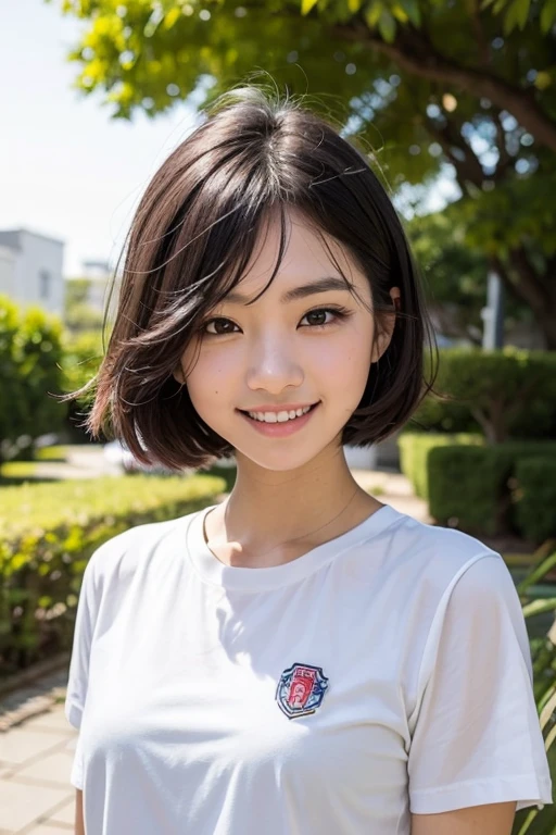Floresta, chuva, studiolight, profundidade de campo, parte superior do corpo, delgado, cara bonito, grande sorriso, belos olhos de detalhe, without false eyelashes, short eyelashes, 18 years Japan, fofo, cachos volumosos marrons quentes, Terno de Marinheiro, , puro,
