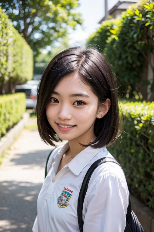 Floresta, chuva, studiolight, profundidade de campo, parte superior do corpo, delgado, cara bonito, grande sorriso, belos olhos de detalhe, without false eyelashes, short eyelashes, 18 years Japan, fofo, cachos volumosos marrons quentes, Terno de Marinheiro, senior high school student, puro,
