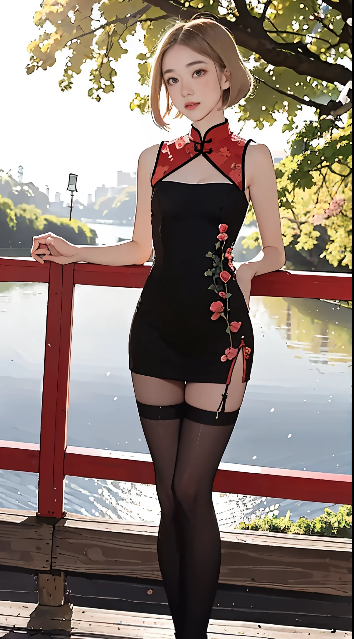 -teen, European,nde, small breasts, big eyes, long legs, close-up of thighs, short red qipao dress, black tights, park background, crossing a wooden bridge at the lake, tree, cherry blossom , sunrise, light through fabric, specular light, ray tracing, HDR