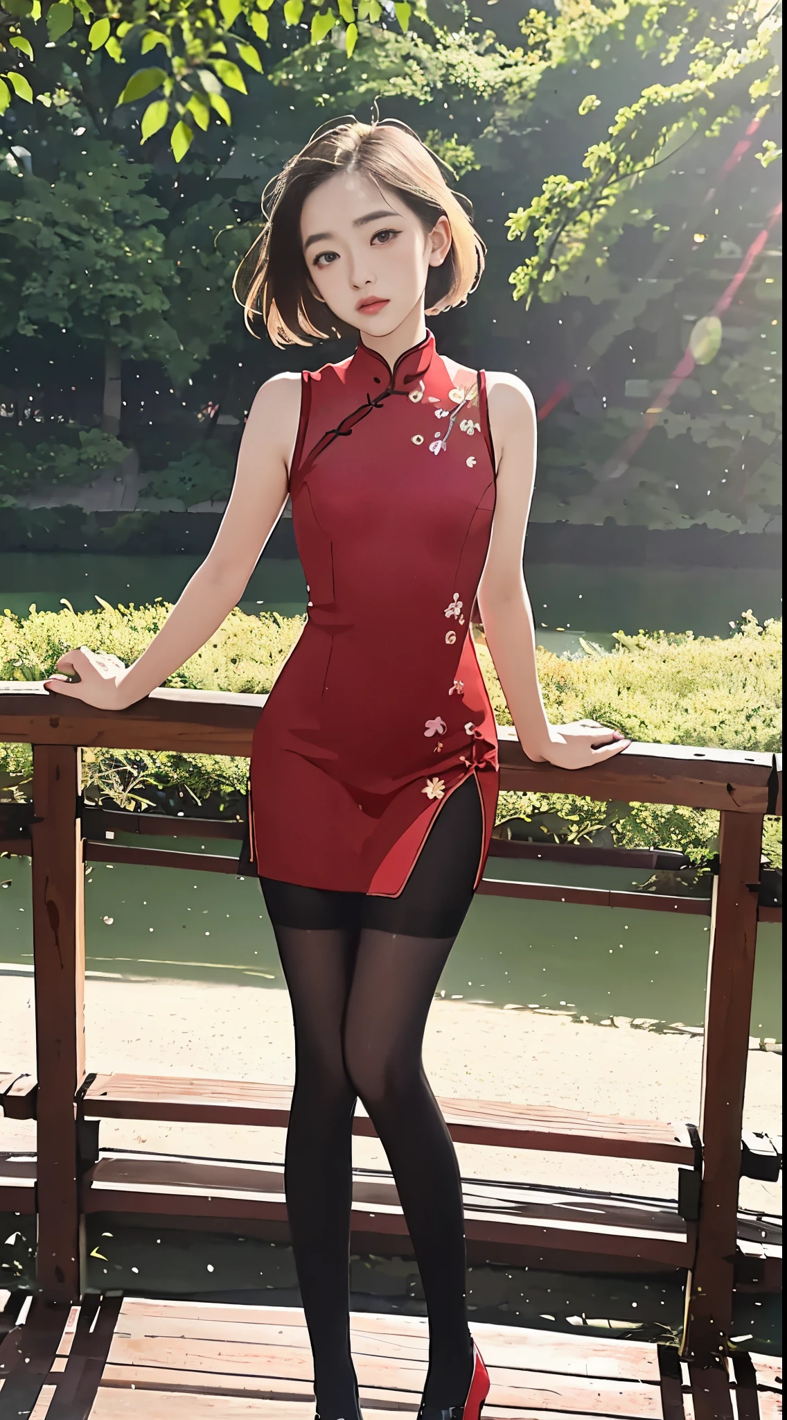 16 year old pre-teen, European, blonde, small breasts, big eyes, long legs, close-up of thighs, short red qipao dress, black tights, park background, crossing a wooden bridge at the lake, tree, cherry blossom , sunrise, light through fabric, specular light, ray tracing, HDR