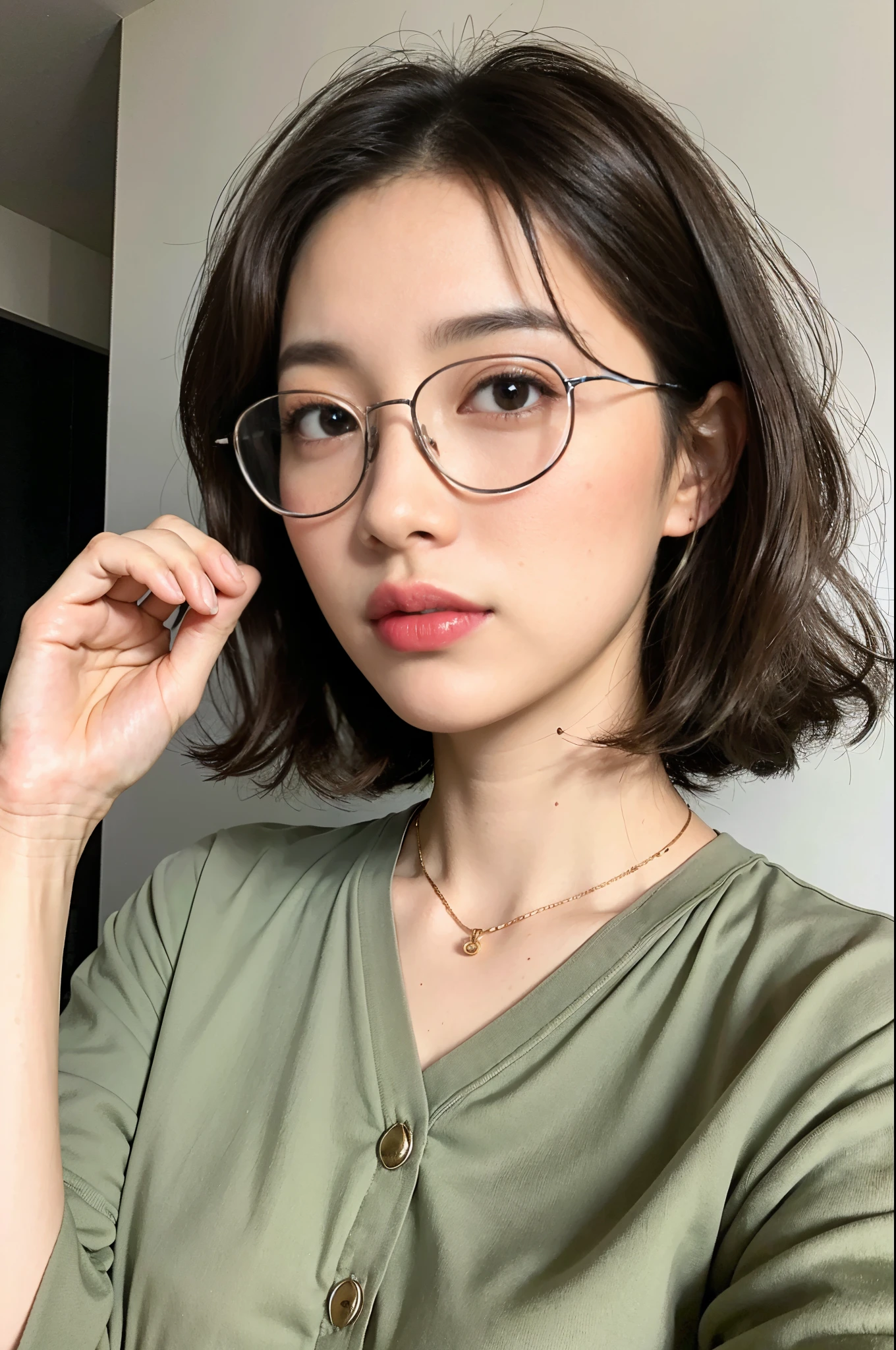 ((highest quality, 8k, masterpiece: 1.3)), Sharp focus: 1.2, Beautiful woman with perfect figure: 1.4, Slim Abs: 1.2, Very Short Bob, Knitted dress, Sleeveless, Thick upper arms, street: 1.2, Wet body: 1.1, Highly detailed face and skin texture, Beautiful Eyes, double eyelid, big, smile,Glasses、whole body、Big Breasts、Expressionless