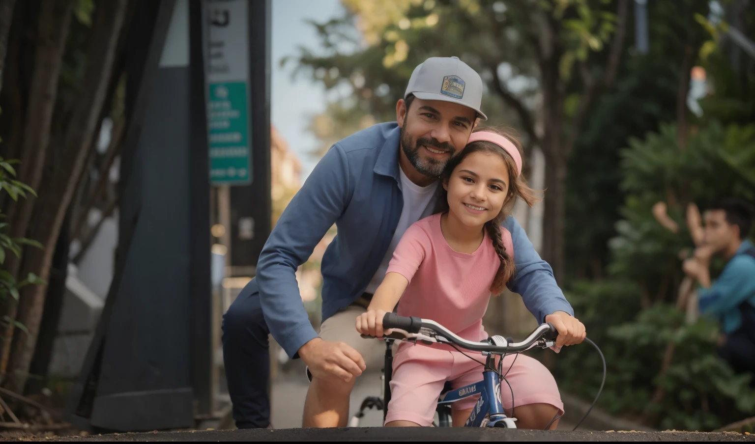 homem e menina arafiados andando de bicicleta em uma rua da cidade, andar de bicicleta, pai com filho, interesting angle, with a kid, foto ainda, testa larga paterna carinhosa, realistic depiction, garotada, Man, filha, Detalhe poderoso, Directed by: David Ruby, promo, advertising photo, imagem colorida, Foto de Stock, Luz natural suave, Motivacional