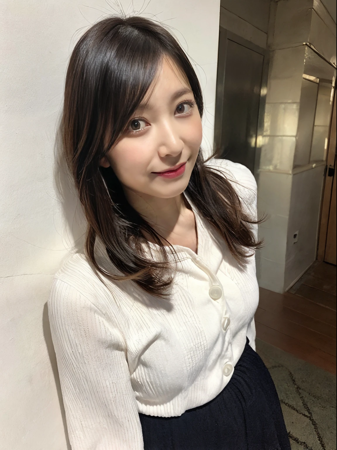 japanese mature, (Solo), 40 years old, (Wrinkles at the corners of the eyes:1.2)、Autumn clothes、((I'm not looking at the camera))、((woman looking sideways))、(top-quality,masterpiece:1.3,超A high resolution,),(ultra-detailliert,Caustics),(Photorealsitic:1.4,RAW shooting,)Ultra-realistic capture,A highly detailed,high-definition16Kfor human skin、 Skin texture is natural、The skin looks healthy with an even tone、 Use natural light and color,One Woman,japanes、A dark-haired,Middle hair,(depth of fields、chromatic abberation、、Wide range of lighting、Natural Shading、)、(Photographed in front of a white wooden door and white wall)、Random Poses、Other shots、Medium hair