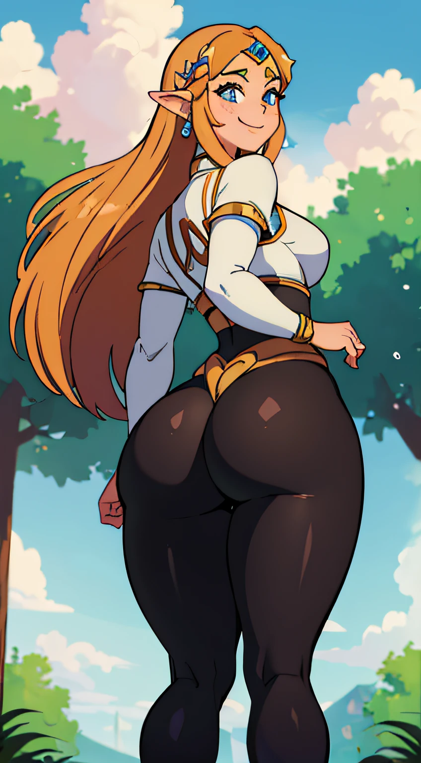 Best quality, (masterpiece:1.3), (best quality:1.2), (thick outlines:1.4), cute, (princess zelda)), solo, female, long hair, hair over eye, smirk, slim waist, happy smile, curvy body, (voluptuous, wide hips, thigh gap), (huge ass, thick thighs, tight black leggings, from behind), happy clouds