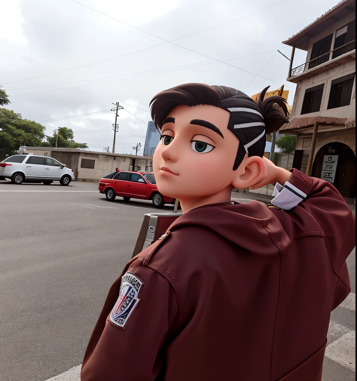 jovem parado na beira da estrada, curto nas laterais, em torno de 10 anos, 10 anos, lados raspados, short hair on top of his head, 10 anos, tiro de lado, adolescente, corte de cabelo de um lado, Foto de perfil, adolescente do sexo masculino, short hair on sides of head