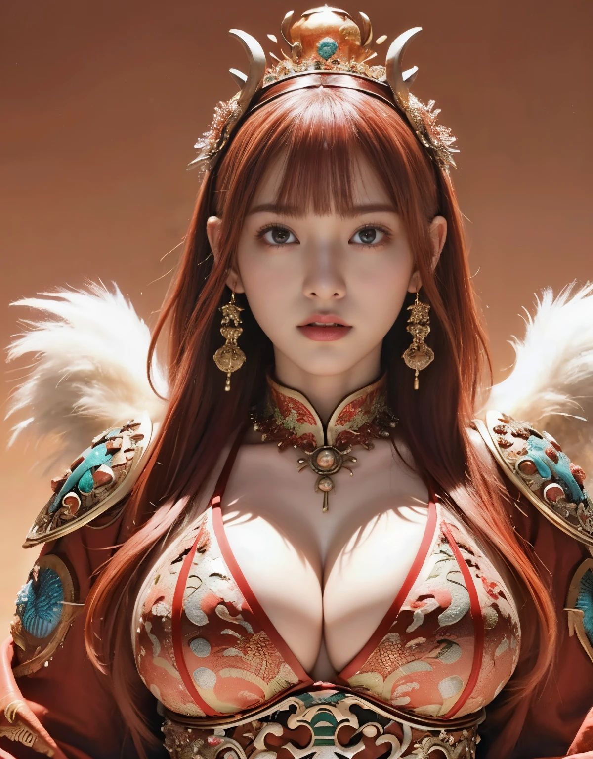 (heavy breasts)、top-quality、​masterpiece、超A high resolution、（metal white dragon armor）、(((Colossal tits))),dragon armor、(((Detailed Micro Bikini))),(Wear a beautiful crown made of intricate gemstones),(Photorealsitic:1.4)、Raw photo、女の子1人、(((Random hair))、(((Take different poses)))、glowy skin、(((Chinese Dragon)))、Intricate and ornate hair ornaments、（Gorgeous Jewelry Necklaces）、（Mystical expression）、（Full Body Angle）、((Light red hair)),（Fight big dragons）、（metal metal bikini）、(((Sahara desert background)))、Precipitous cliffs)、((super realistic details))、portlate、globalillumination、（sexypose）、Shadow、octan render、8K、ultrasharp、Colossal tits、Raw skin is exposed in cleavage、metals、Details of complex ornaments、Japan details、highly intricate detail、Realistic light、CGSoation Trends、Blue eyes、radiant eyes、Facing the camera、Toostock、（Full Body Angle）、（veils）、(((desert background)))、highcontrast、