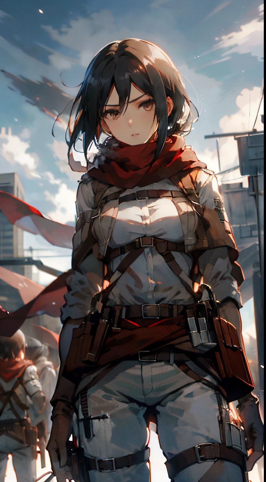 masterpiece, top-quality, hight resolution, hmmikasa, shorth hair, Black eyes, scarf, a belt, Thigh strap, red scarf, White pants, white shirt, is standing, cowboy shot,Three-dimensional maneuvering device,Attack on Titan,