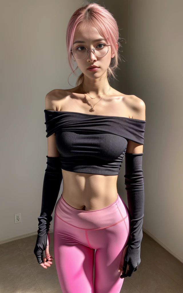 (8K, Masterpiece, RAW photo, Best quality, detail:1.3), (ultra realistic:1.4, scenary, 8K), Depth of field, Cinematic light, (ultra realistic face), (1 ultra skinny girl:1.6), (Beautiful and elegant girl), (tight pink leggings:1.4), (girl with glasses), (latina face:1.5), (natural abs), (full body:1.5), (off-shoulder tight minitop:1.4), (small necklace, collarbone:1.1), (ultra detailed skin:1.3), (tight small gloves:1.2), (complete standing pose:1.2), (ultra realistic skin:1.3), (tight black minitop)