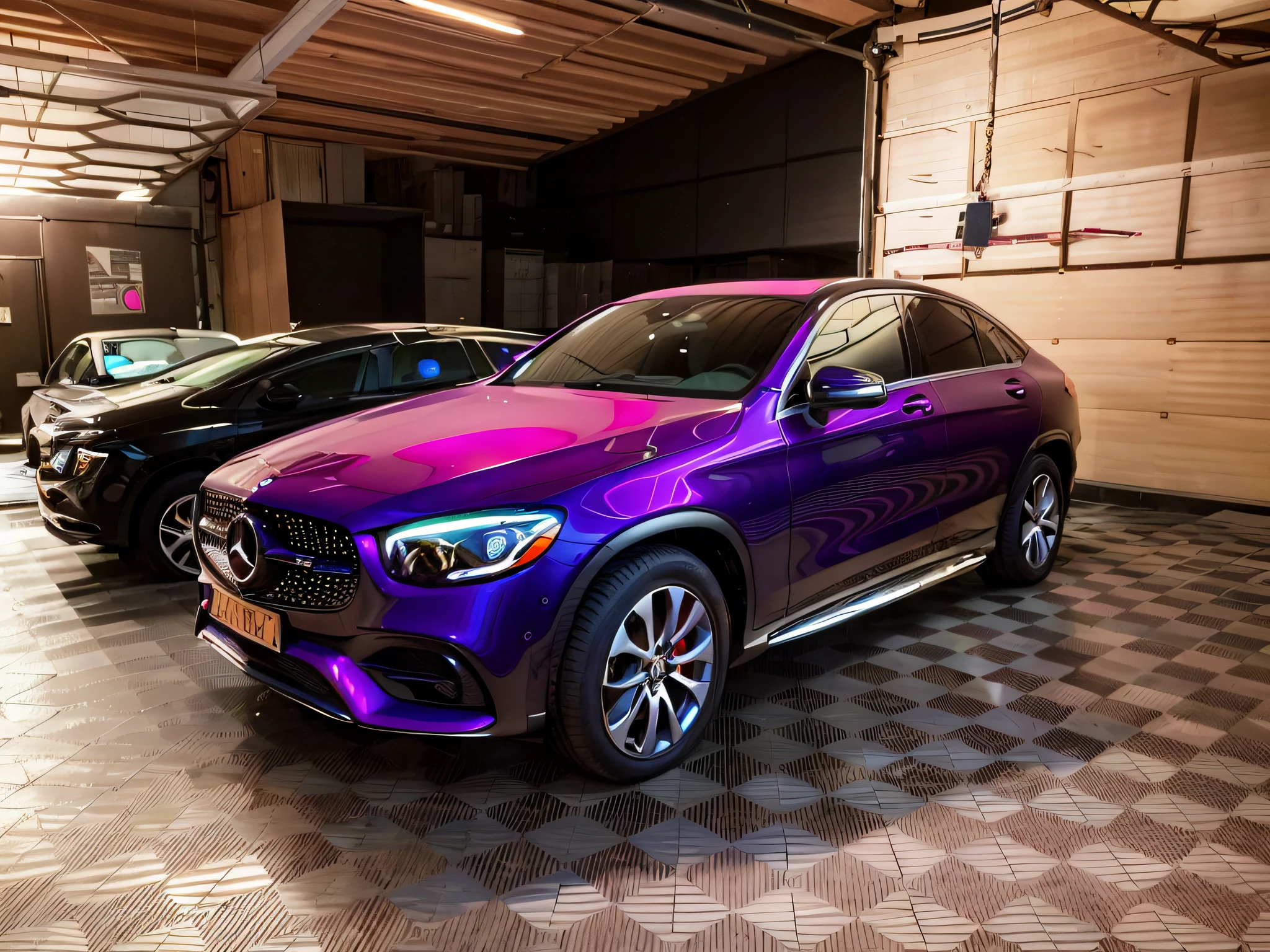 View of a dark purple Mercedes SUV, parked in the garage, 90% mother of pearl detail, Dark Purple, Mercedes, Mercedes Benz, Young beautiful girl model, 18 years, standing next to her, Shot on iPhone 14 Pro, Shot on iPhone 1 3 Pro, full face, Shot on iPhone 1 3 Pro, full unit, s face, 🤬 🤮 🤮 🤮 🤮 💕 🎀, Front profile