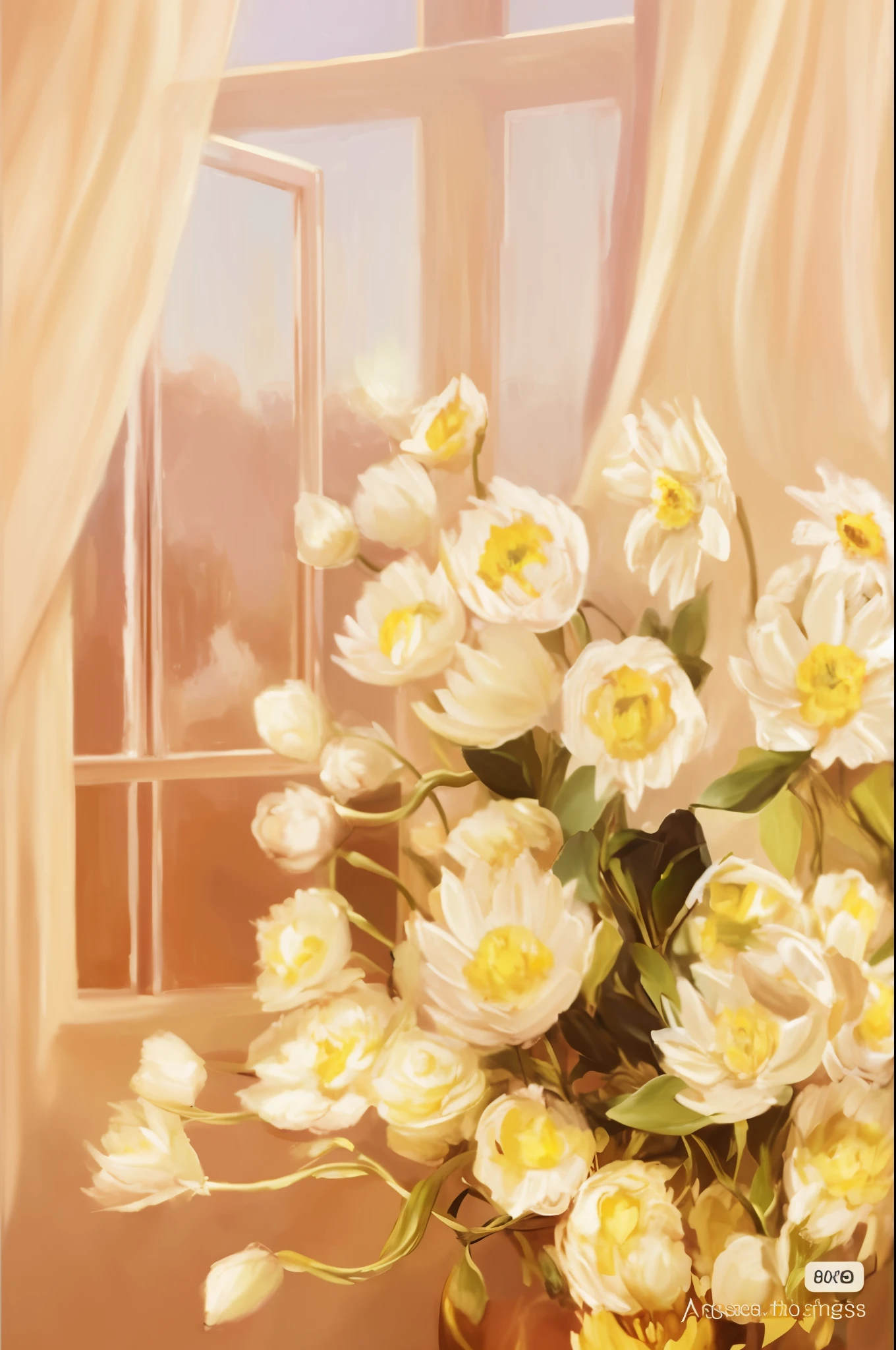 Draw a vase of flowers，In the background is a window, elegant digital painting, beautiful digital painting, soft digital painting, digital painting style, realistic flowers oil painting, digital painting style, digitial painting, a beautiful painting, Inspired by Anna Ancher, golden flowers, Soft glow, gorgeous digital painting, Detailed soft painting, soft flower