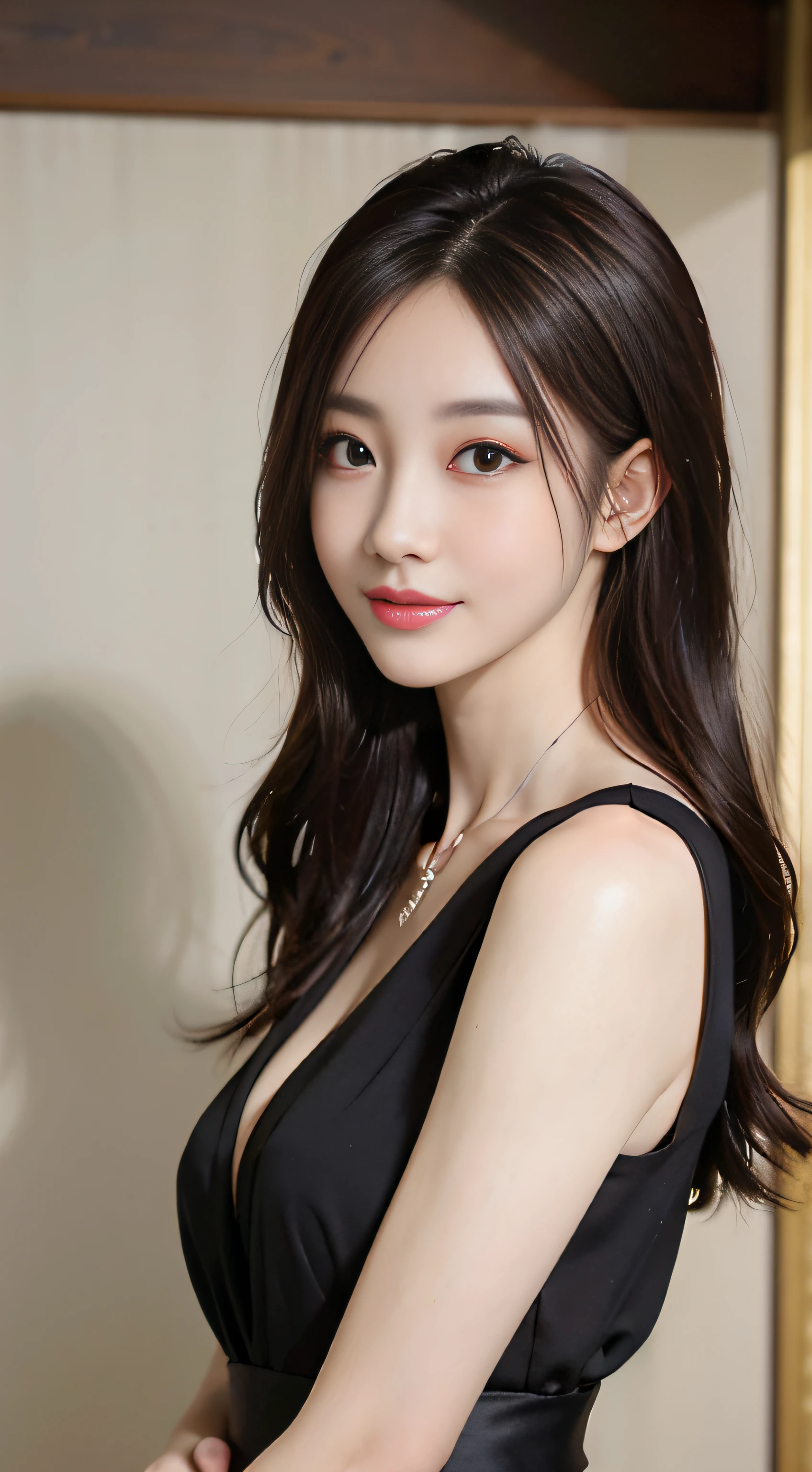 Masterpiece, best picture quality, high quality, beautiful woman, Japanese, popular Korean makeup, detailed, swollen eyes, detailed eyes, detailed skin, beautiful skin, ultra high resolution, (reality: 1.4),very beautiful, slightly younger face, beautiful skin, slender, (ultra realistic), (illustration), (high resolution), (8K), (very detailed) (best illustration), (beautifully detailed eyes), (super detailed), (wallpaper), (detailed face), looking at viewer, fine detail, detailed face, pureerosfaceace_v1, smiling, looking straight ahead, looking straight ahead, angle from waist up, realistic photo, bright lighting, professional lighting, black hair (some green), long hair, dark ruins, big red moon, gorgeous red and black dress, mature woman, long stylish bangs,