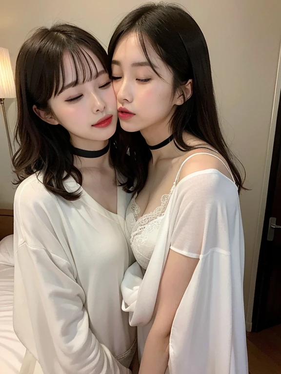 an lingerie, embarrassed from, (eye closed:1.3), a bed, 奈良美智, Good young girl, Sexy Girl, Lovely woman, Beautiful Asian Girl, (covered up:1.2), Wear a choker around your neck,curlyhair, bangss,2girls,(kiss:1.3)