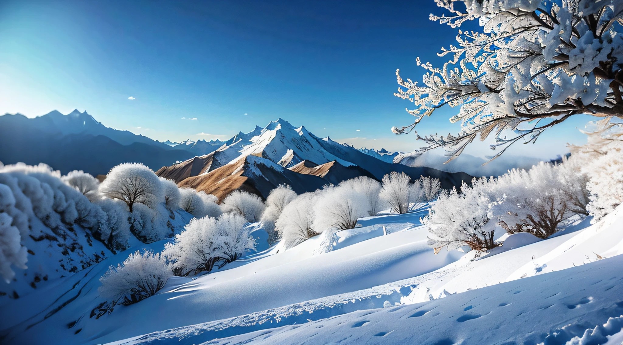 Snow mountain, snowfield, forest, sea and rime