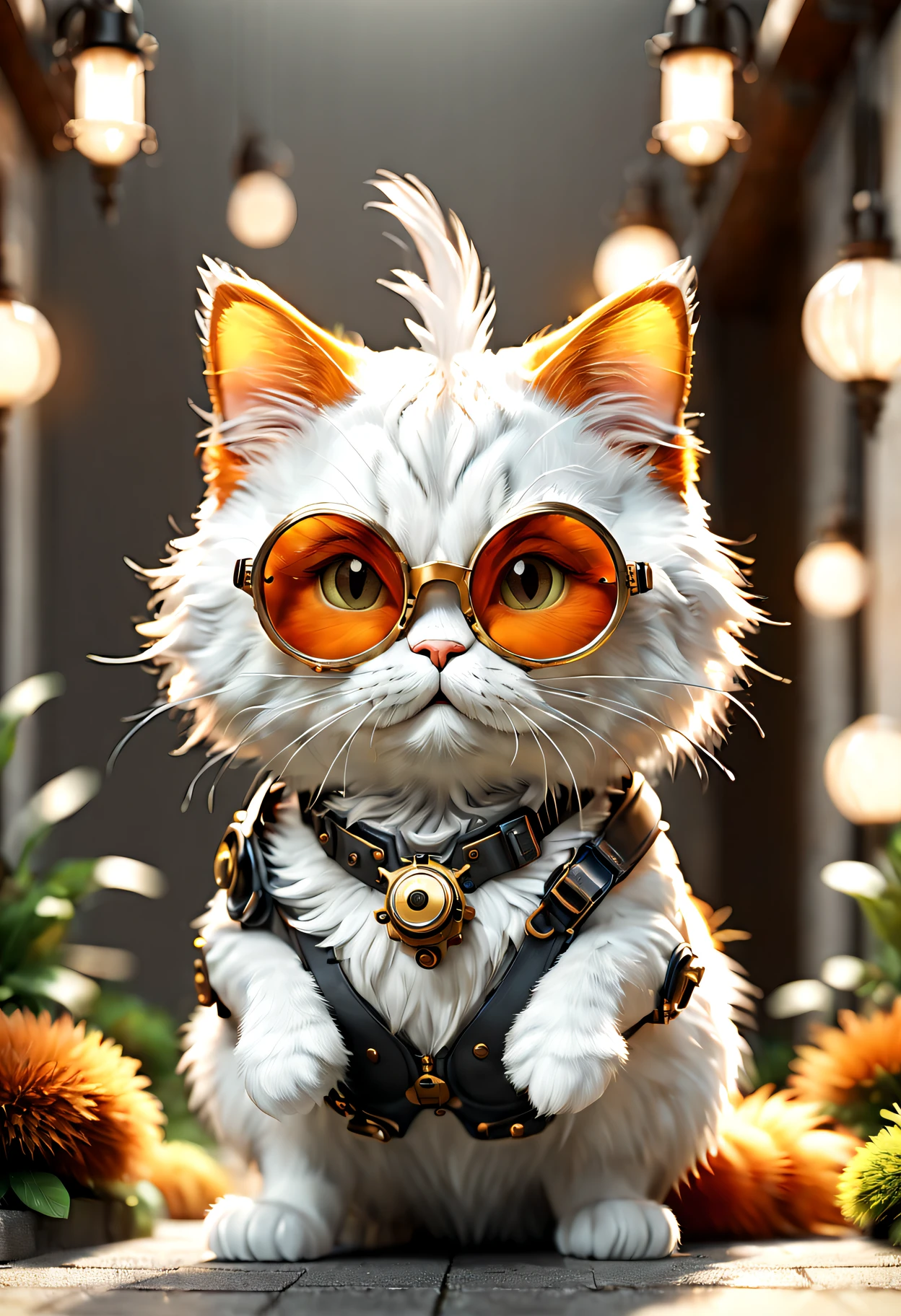 (Garfield：1.8)，Orange fur，stripe，lbeard，Pockmarks，pointy ears，petty eyes，fatness，Cute Garfield cat wearing goggles, In steampunk style, cg render, critters, 4K, simple, Aesthetic (3D, cute big breasts, chibiStyle), ((Perfect high-detail images)), Ultra-realistic rendering of details, posing elegantly, profesional lighting, Complicated details，(Smooth texture), (exquisite and meticulous), Orange and gray body, sat on the ground, cheerfulness, 3D, c4d, blender, octaneratingrendering, simple backgound, (white backgrounid :1.5), A masterpiece of pastel colors, soft material, Best quality at best, ultra-detailliert, high qulity, 4K, (3D, cute big breasts, chibiStyle), ((Perfect high-detail images)),Detail Master 2,Best quality at best,ultra - detailed,美丽细致的眼睛,beautiful detailed lips,extremely fine fur,Playful expression,Cute pose,coloured background,vivd colour,Whimsical style,Humorous atmosphere,comic artstyle,lively composition,Bright lights,Outdoor view,Lush garden setting