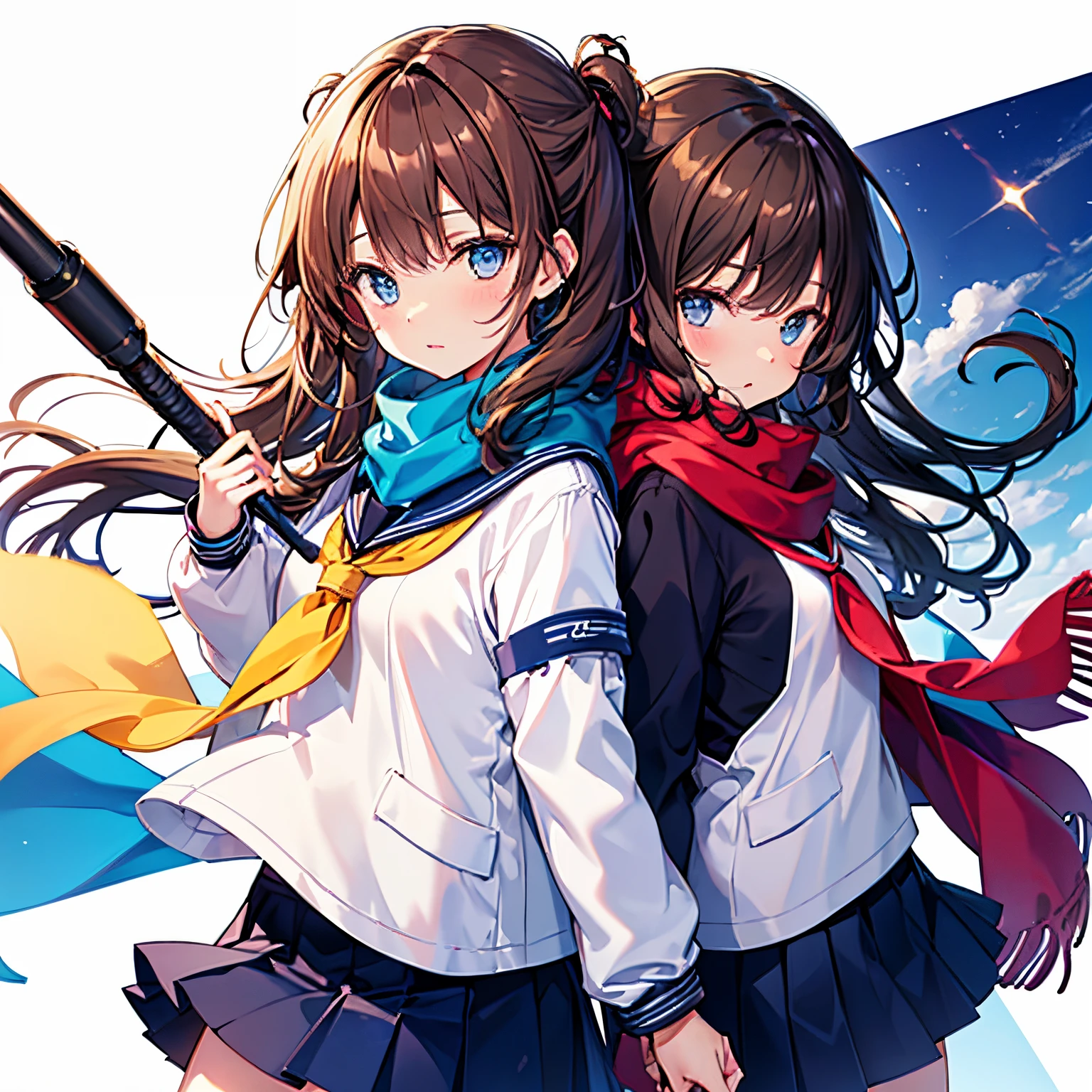  female、Brown-haired twin-tailed、half up、a sailor suit（Scarf is yellow、Blue scarf closure、Blue with pleated skirt）、arma（light blue stick、telescopic、white edges）Hold、bright expression