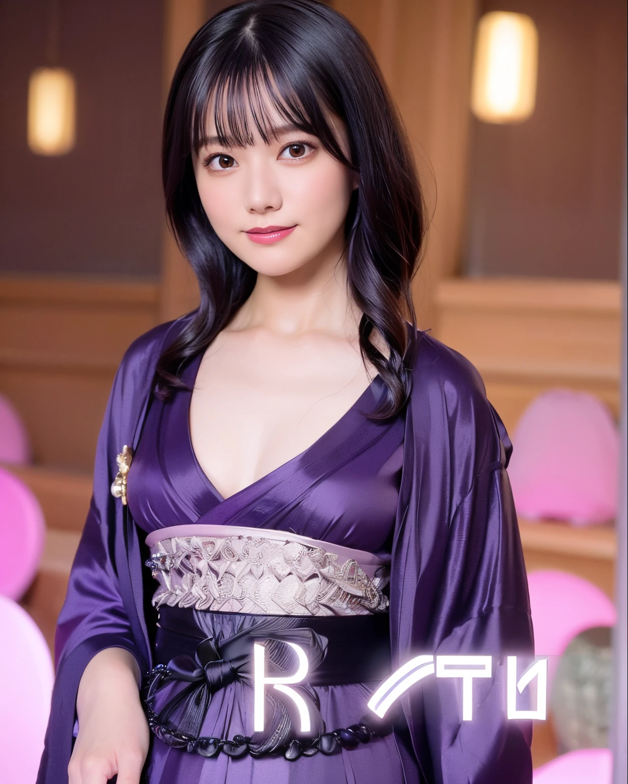 best quality, photorealistic, 8k, high res, 1girl, woman, (professional lighting), (portrait:0.6), (purple kimono dress:1.72), gorgeous, black hair, (short hair:1.2), (1girl eyes looking at viewer:1.4), ((looking at viewer:1.6)), (looking at the camera), photorealistic, (bokeh), (portait:0.6), (dynamic pose:1.2), sfw, (smile:1.6),