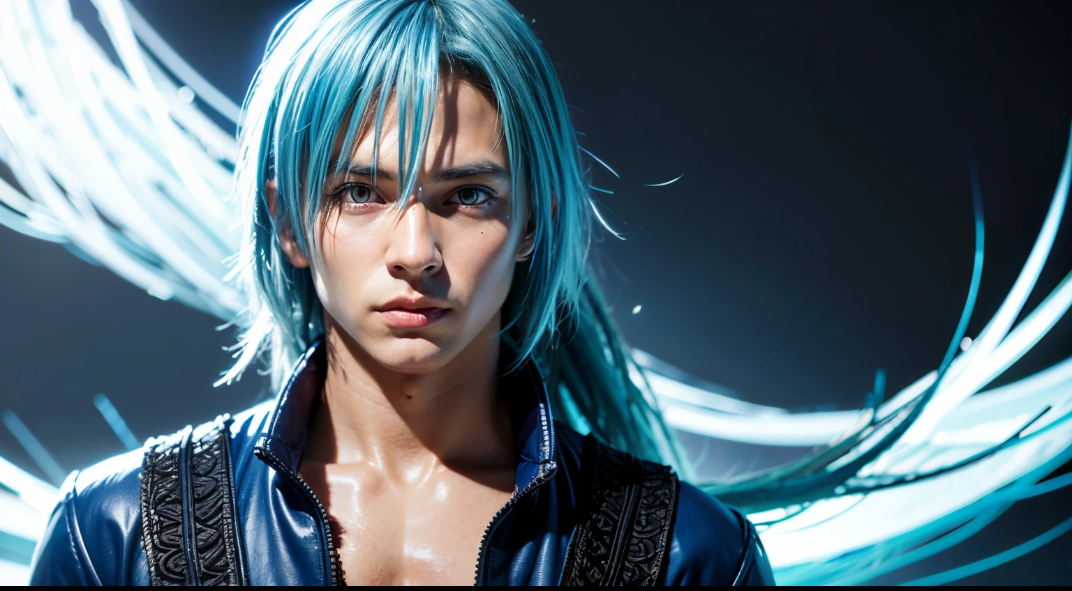 masterpiece, best quality, game cg, 1boy, solo, male focus, looking at viewer, upper body, , rimuru_tempest, blue hair, yellow eyes, long hair, , , 12k resolution, blue clothes