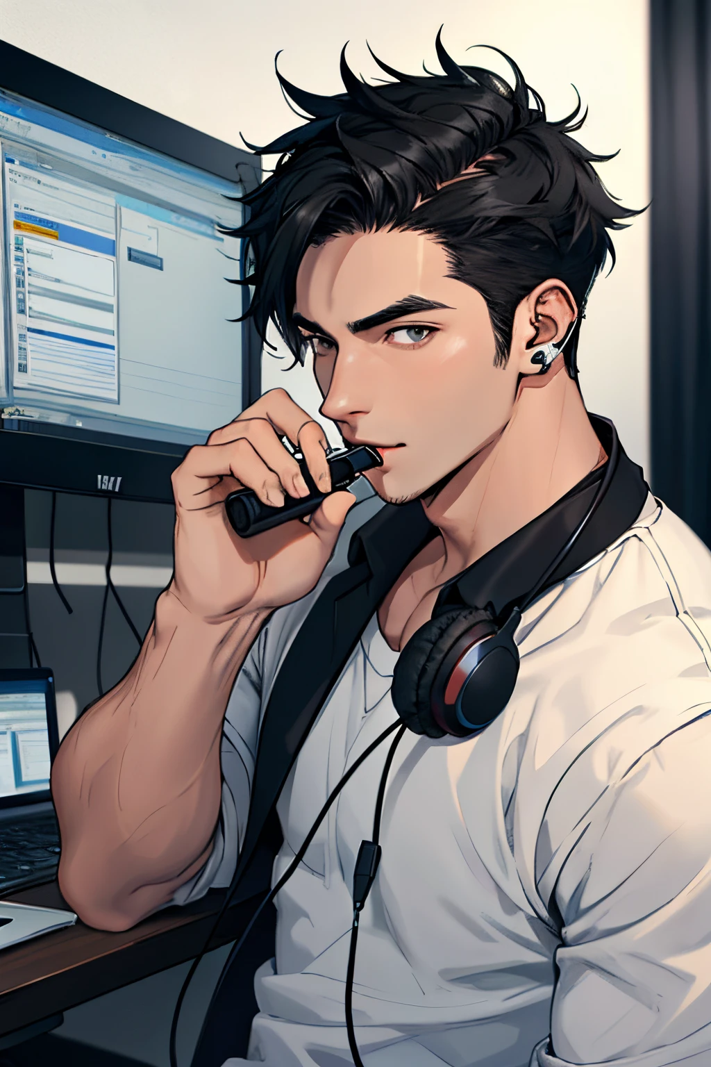 Attractive guy with short faded black hair , headset while vaping at the office
