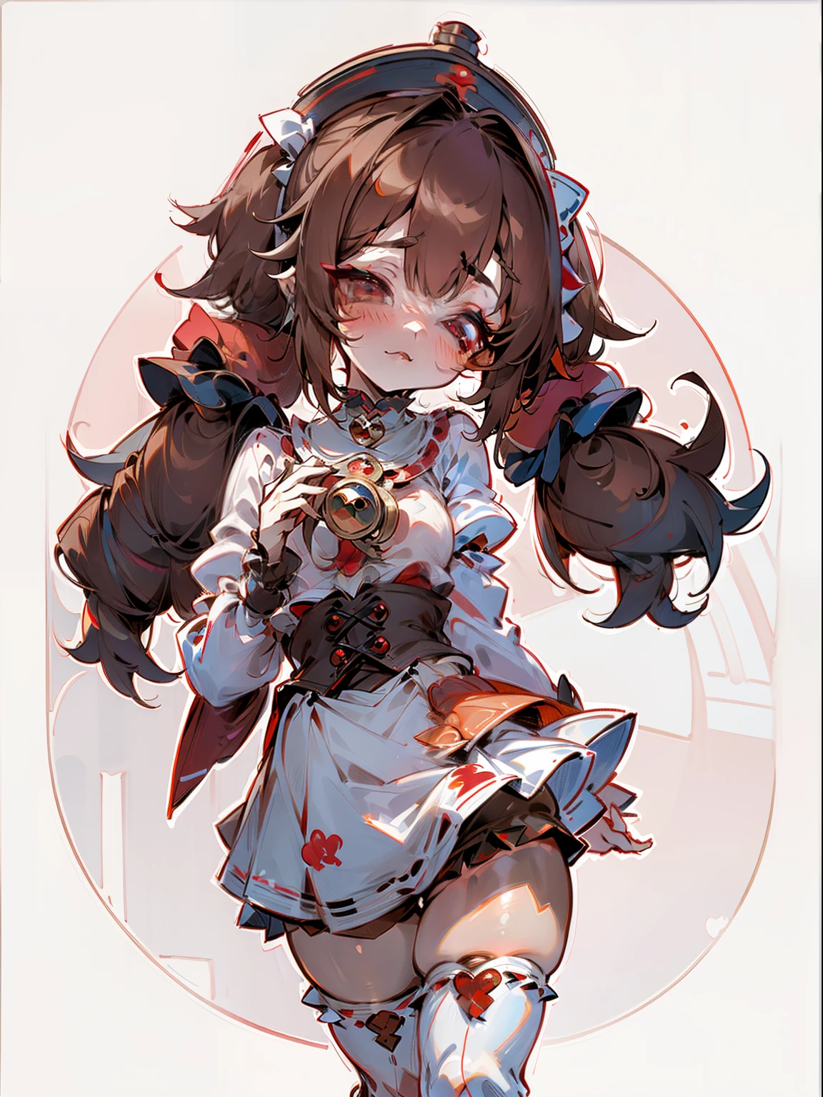 1GIRL, insane clown girl, finely detailed, (best quality), (intricate details), cute style, li, jester style, multicolored, ((long brown hair in pigtails)), best quality, ((long sleeve shirt and shorts)), ((red and white clothes)), ((jester style clothes)), ((thigh high socks)), ((round eyes)), ((has jester makeup)), beautiful face, happy, cute face, pinup, perfect face, simple background portrait